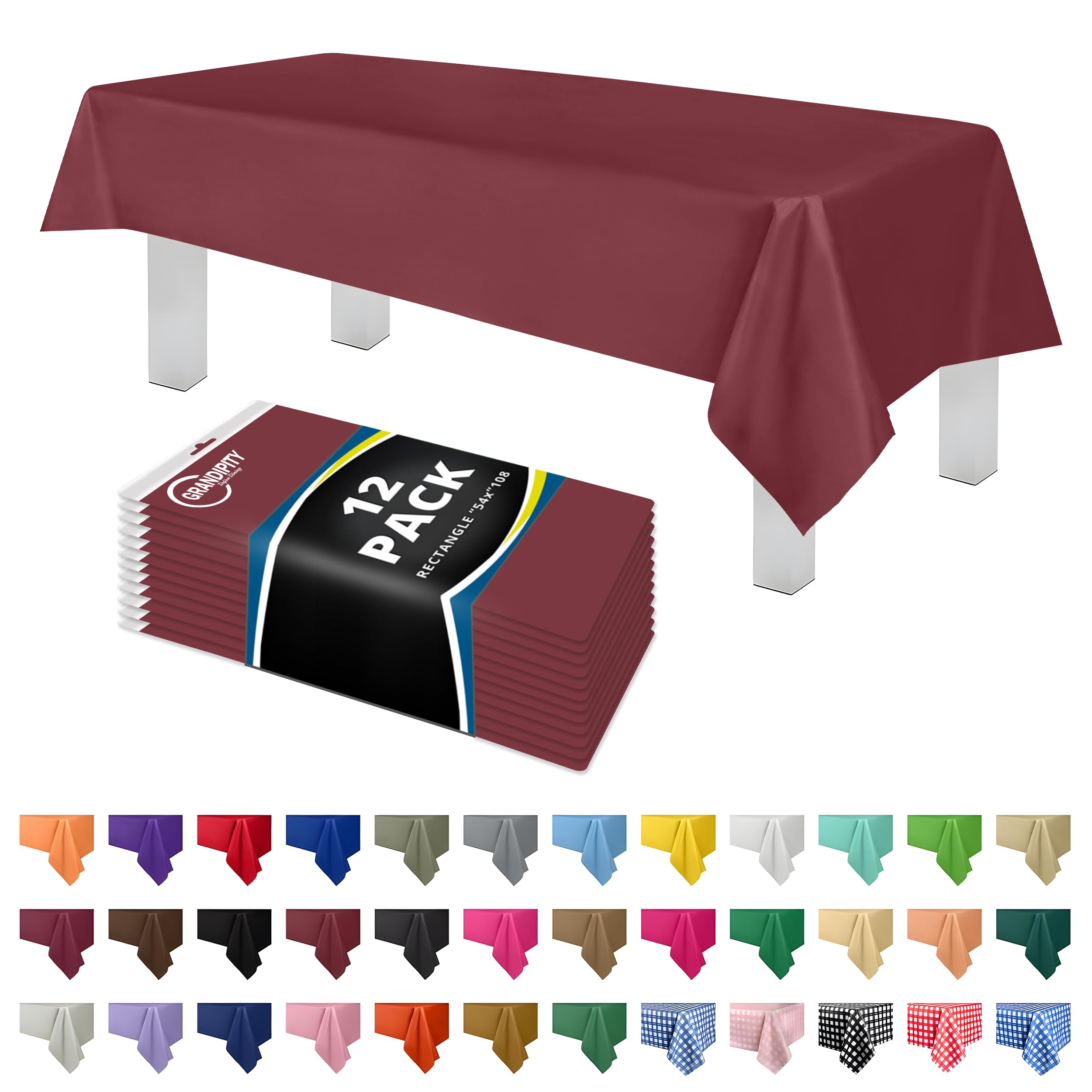 Grandipity 12 Pack Premium Disposable Plastic Tablecloth 54 Inch. x 108 Inch. Decorative Rectangle Table Cover - Burgundy