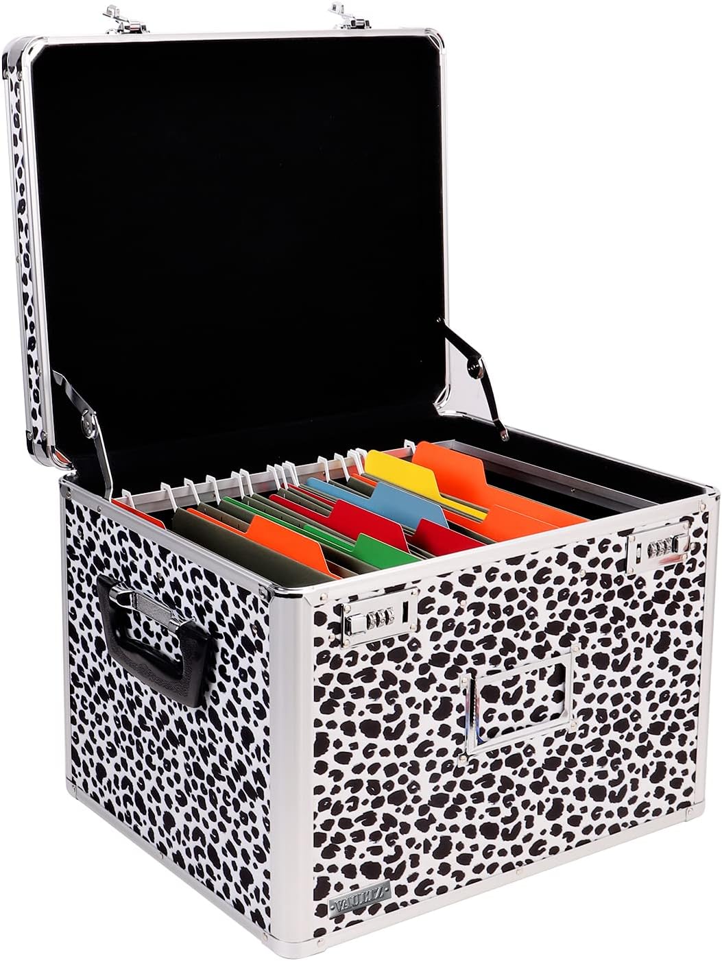 Vaultz Locking File Storage Chest, Two-Handled, Letter/Legal File Storage, 17.5 x 14 x 12.5 Inches, Black and White Leopard (VZ03976)