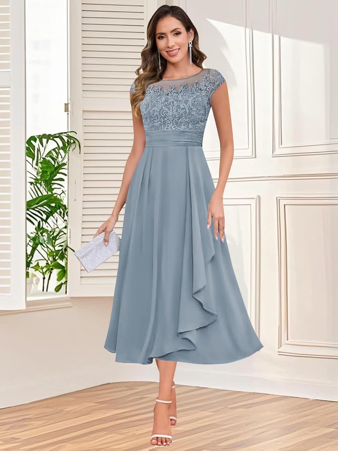 Women's Tea Length Mother of Bride Dresses Cap Sleeve Chiffon Lace Appliques Ruffles A Line Formal Dress