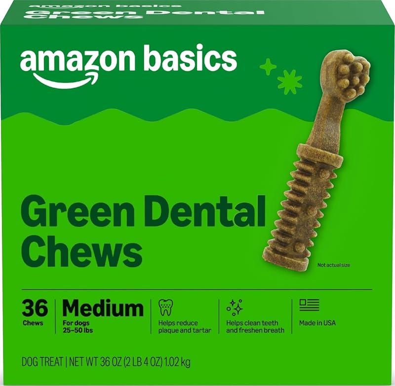 Amazon Basics Golosinas dentales para perros para ayudar a limpiar los dientes y refrescar el aliento para perros medianos, sin sabor, por paquete: 36 unidades, 2.25 libras (anteriormente Wag)