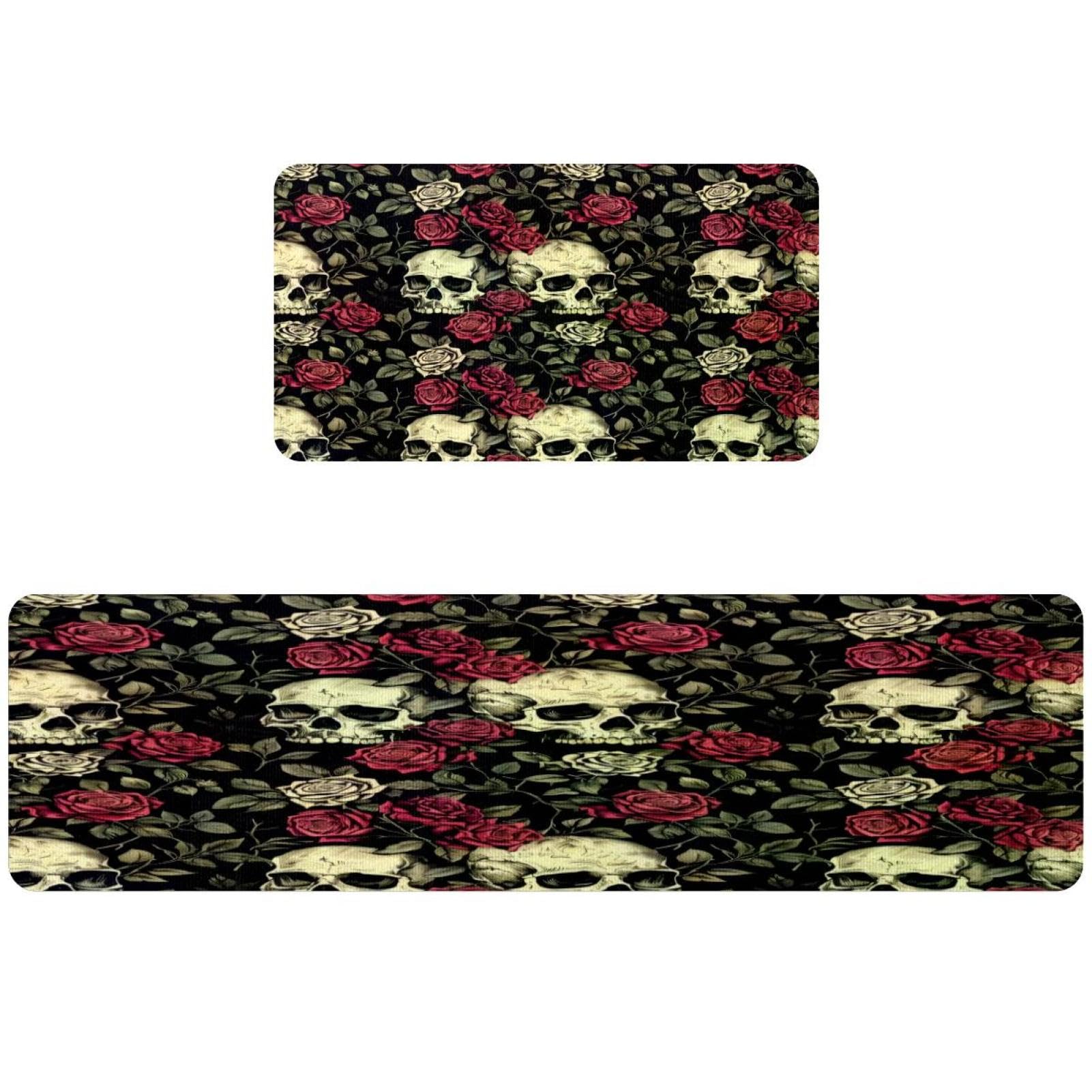 2 Alfombrillas de cocina antideslizantes con diseño de rosas y calavera