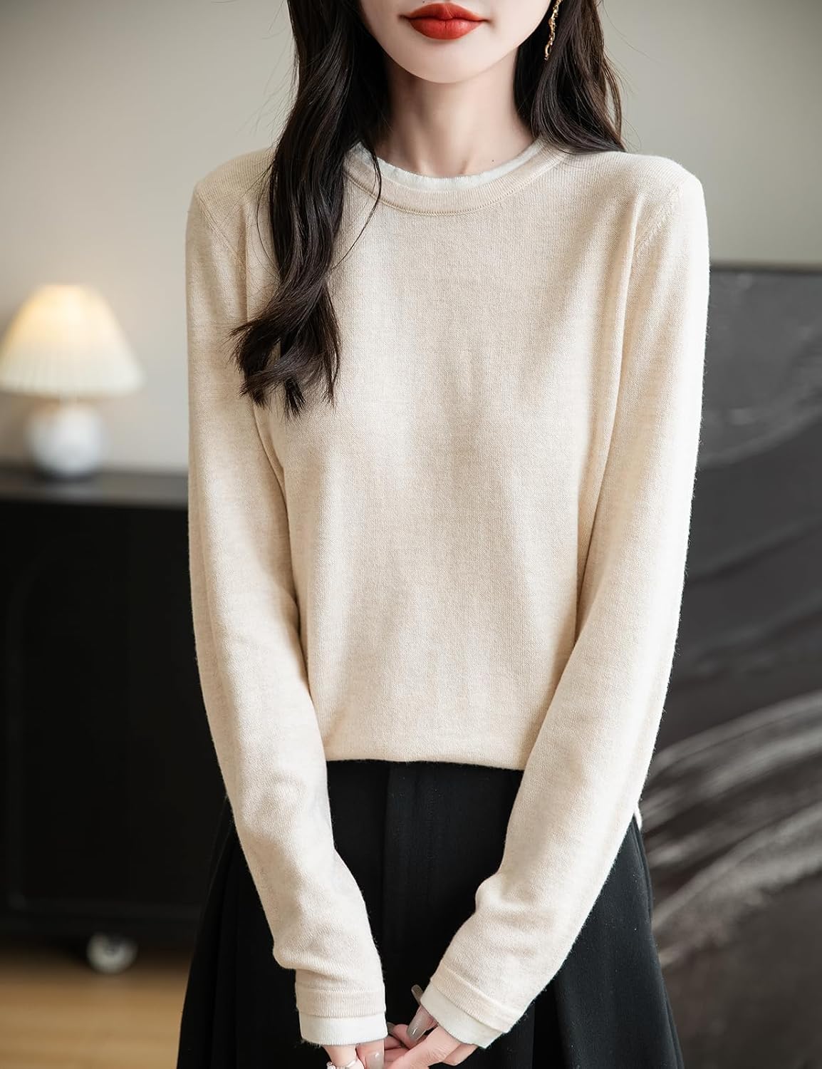 Women's Merino Wool Blend Sweater Fall Winter Fake Two Piece Color Block Shirt Crewneck Long Sleeve Knit Pullover - Image 4