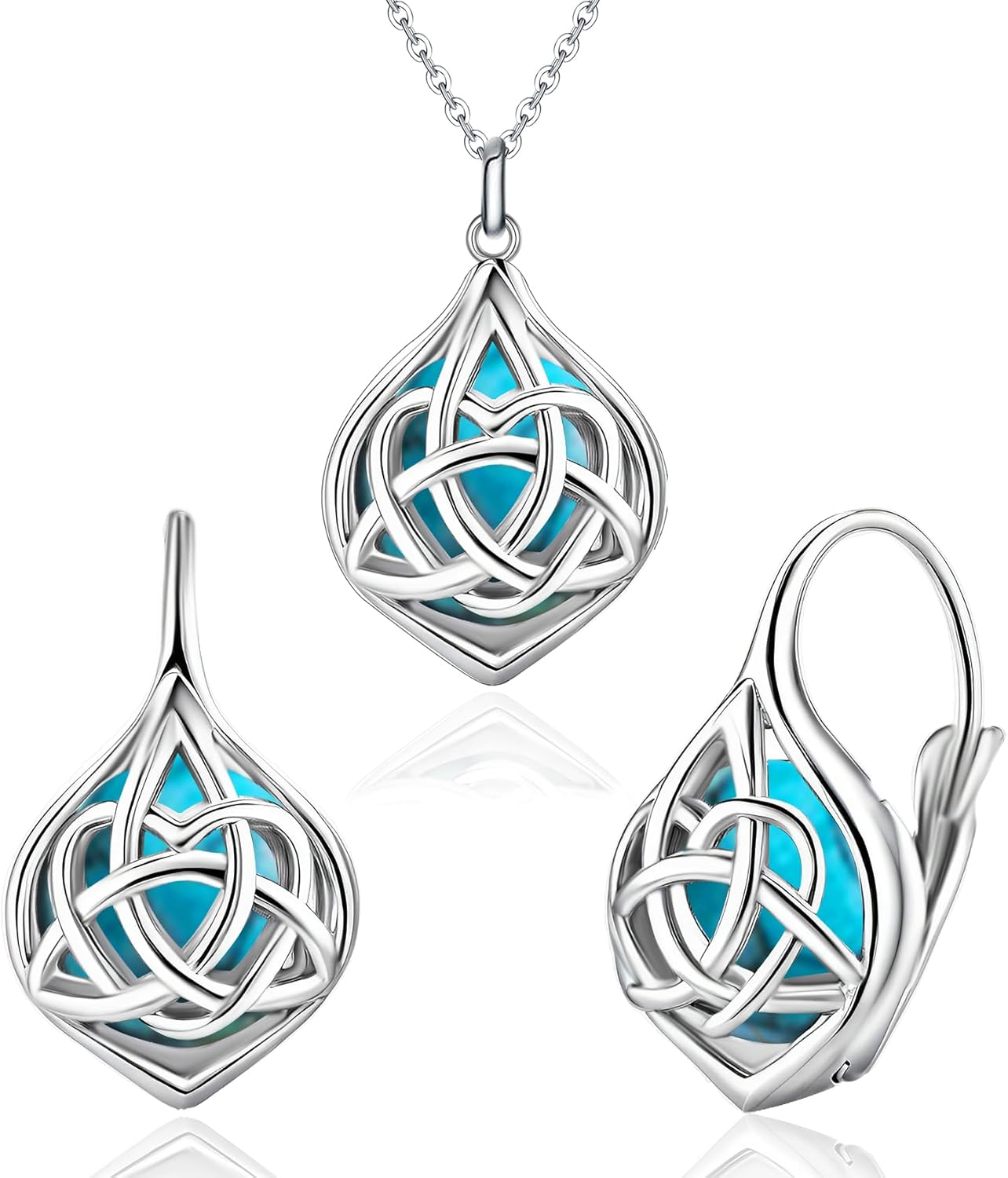 Celtic Knot Turquoise Earrings and Necklace Set for Women Sterling Silver Hypallergenic Leverback Earrings Classic Adjustable Pendant Necklace Jewelry Gifts for Mom Wife