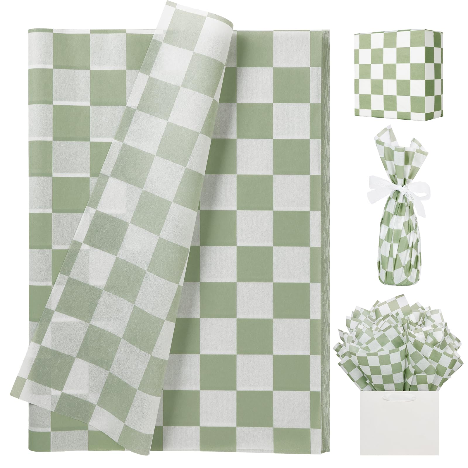 UNIQOOO 60 Sheets Checkered Tissue Paper Sage Green Gift Wrapping Paper Art Craft Paper for DIY Crafts Wedding Birthday Baby Shower Party Decorations, 20x 14 Inch