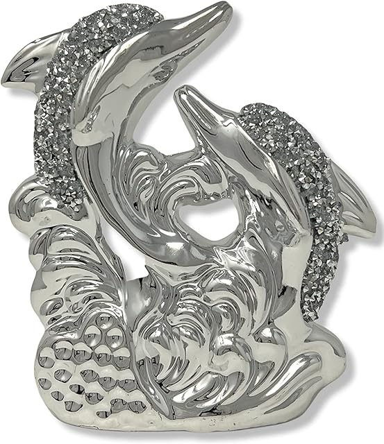 Silver Sparkle Ornament Bling |Dolphin scrupture Animal Statue Figurine Accessories For Living Room Office Home Bathroom Decoration | Crushed Diamond Gifts Display | Wedding Anniversary Present Gift