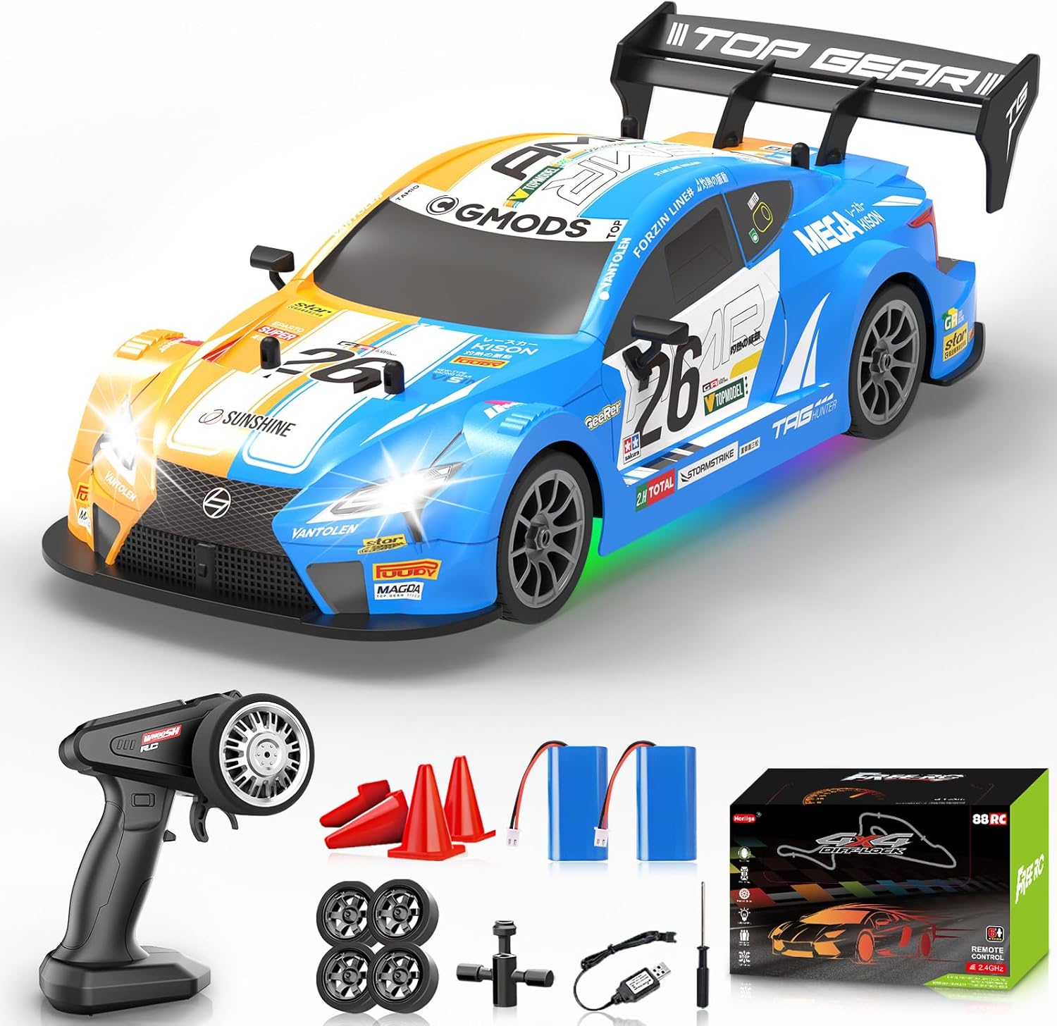 RC Drift Car 1:16, 2.4GHz 4WD Remote Control Car, 30+KM/H High Speed Drifting RC Cars with LED Lights Two Batteries and Drift Tires Racing Cars for Adults Boys Kids, Black