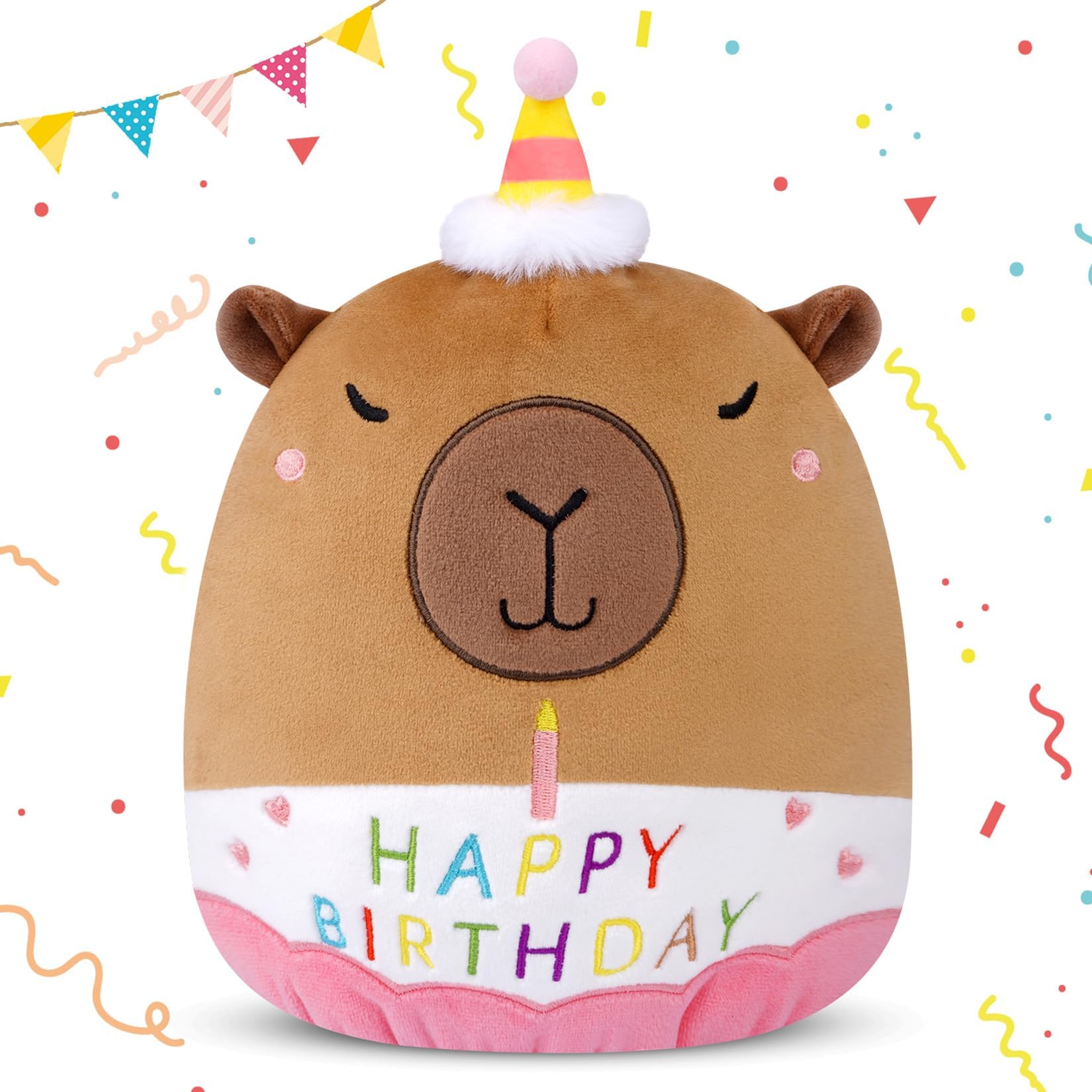 Capybara Plush,Cute Happy Birthday Stuffed Animal,22cm Birthday Capybara Plush Toy with Hat,Perfect Birthdays Decorations and Gifts for Kids Girls Boys