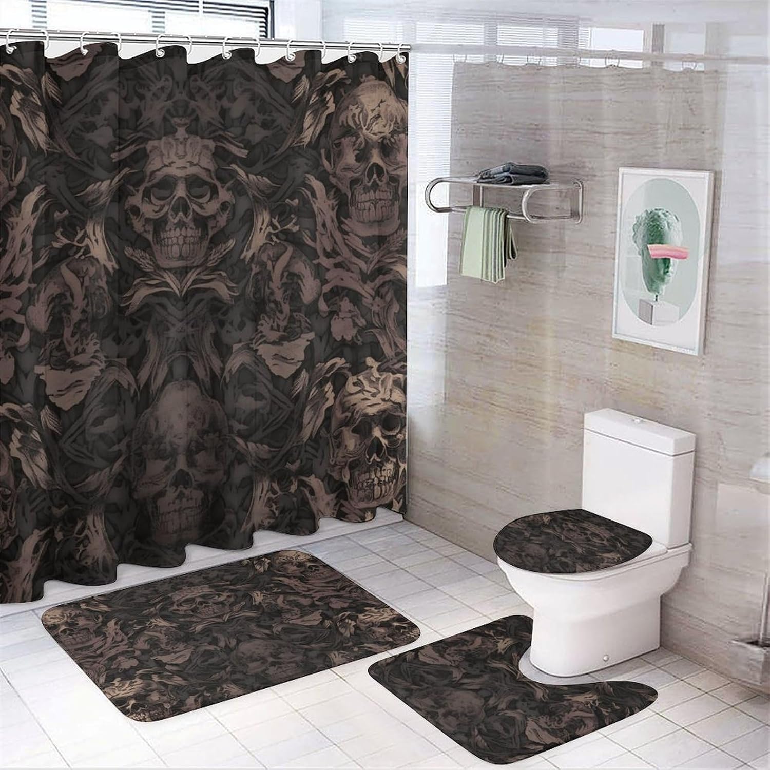 4Pcs Gothic Wallpaper for Walls Skull Damask Bathroom Sets Decor with Non-Slip Rugs Fashion Toilet Lid Cover Exquisite U-Shaped Mat Modern Shower Curtain with 12 Hooks Bathroom Decor Accessories