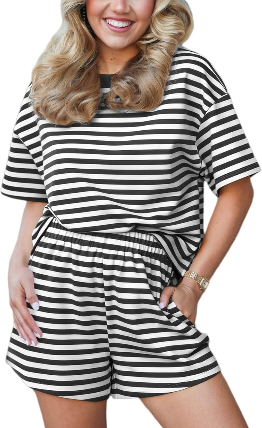 Women's 2 Piece Outfits Striped Short Sleeve T-Shirt and Elastic Waist Shorts Set Casual Loungewear Tracksuit