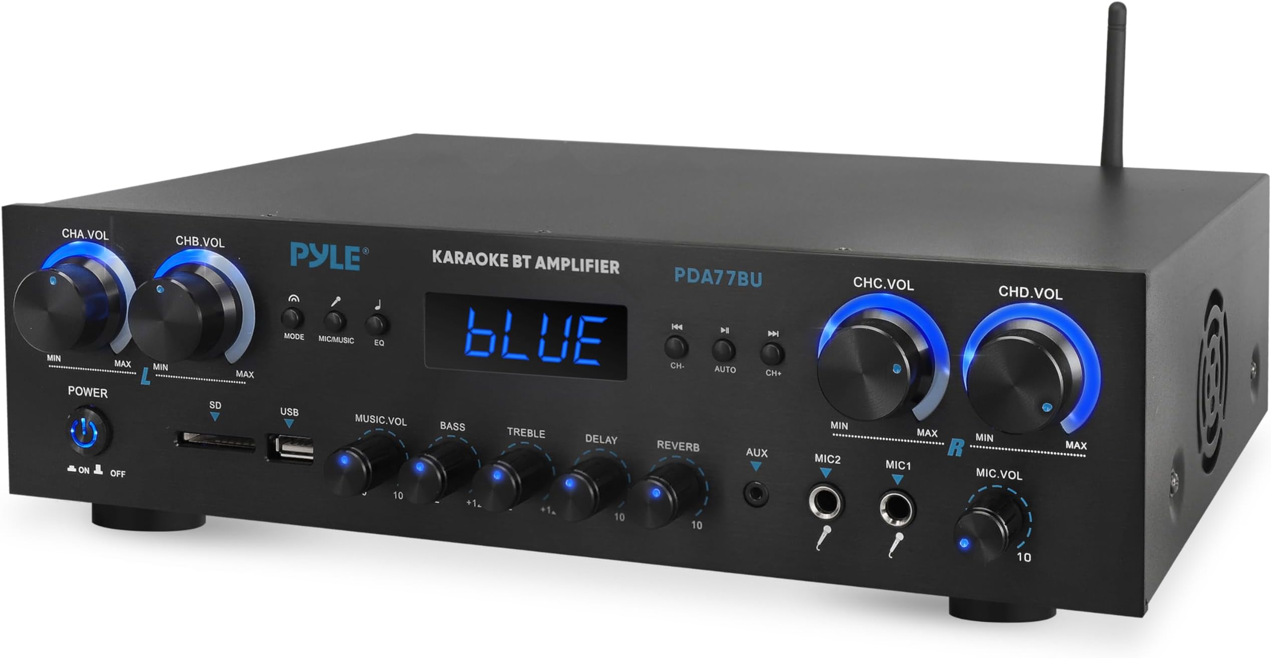Pyle Bluetooth Stereo Amplifier – Wireless 800W 4-Channel Audio Receiver with Mic Inputs for Home, Studio, Karaoke or Theatre, USB, SD, AUX, RCA, FM, LED Display, Reverb & Delay Effects