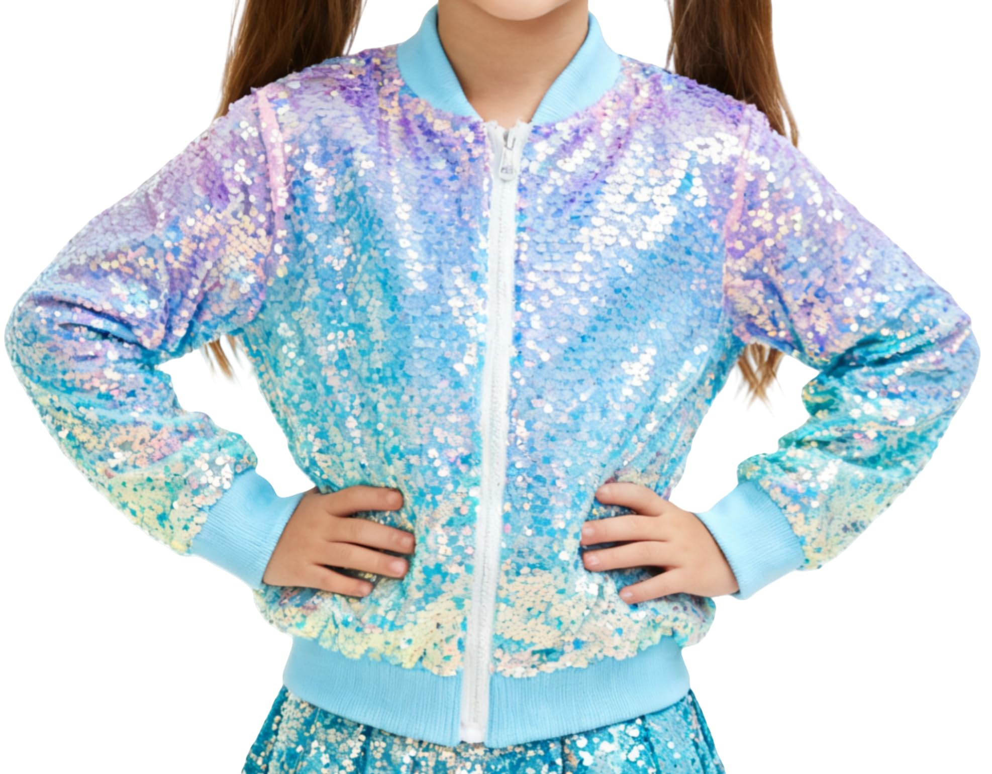 Girls Sequin Bomber Jacket Glitter Outwear Long Sleeve Zipper Jackets 5-12T