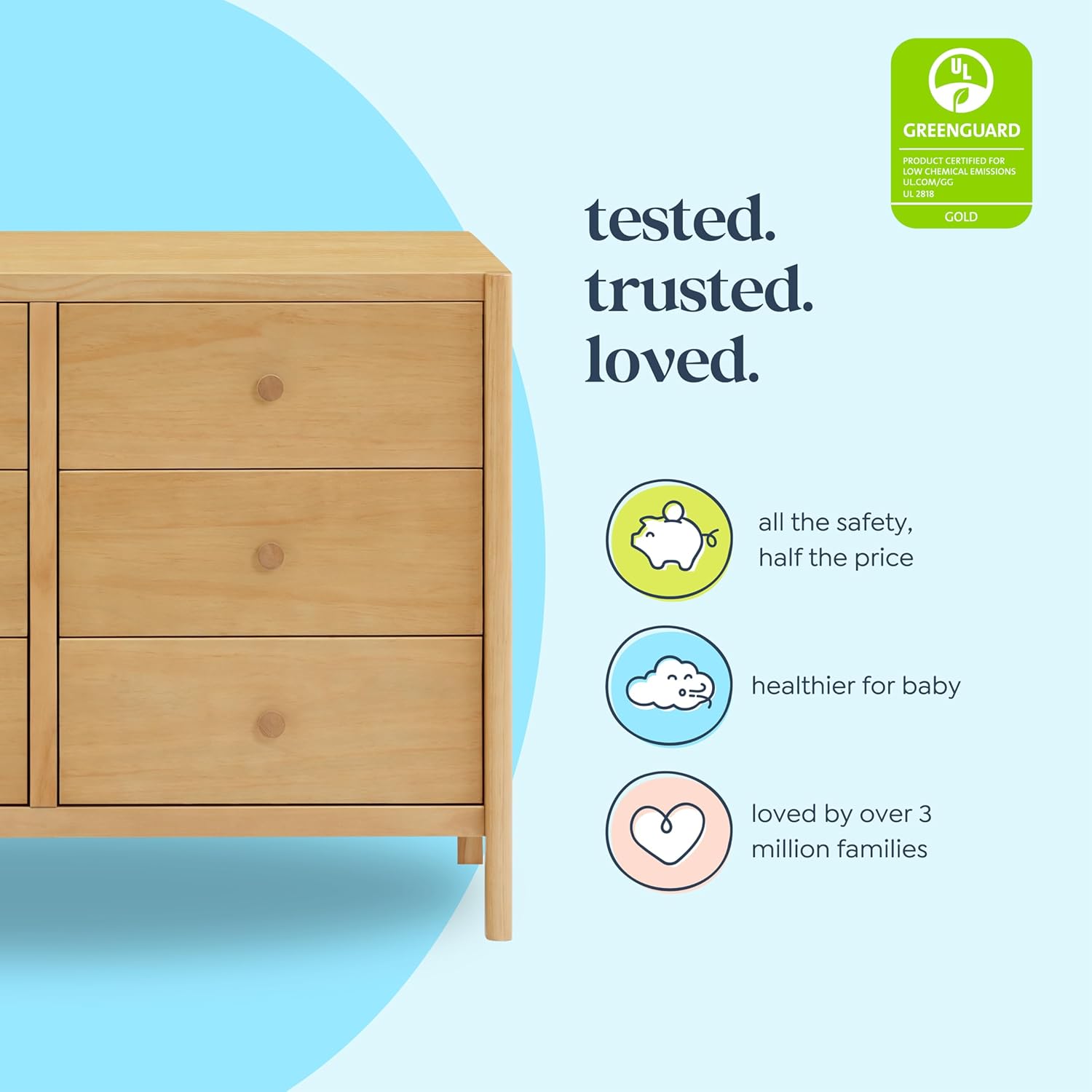 Davinci Birdie 6-Drawer Baby Dresser for Bedroom w/ 9+ Inch Drawer Extension - GREENGUARD Gold Certified - Wooden Double Chest of Drawers for Kids, Boys & Girls - Easy to Assemble Dresser - Honey