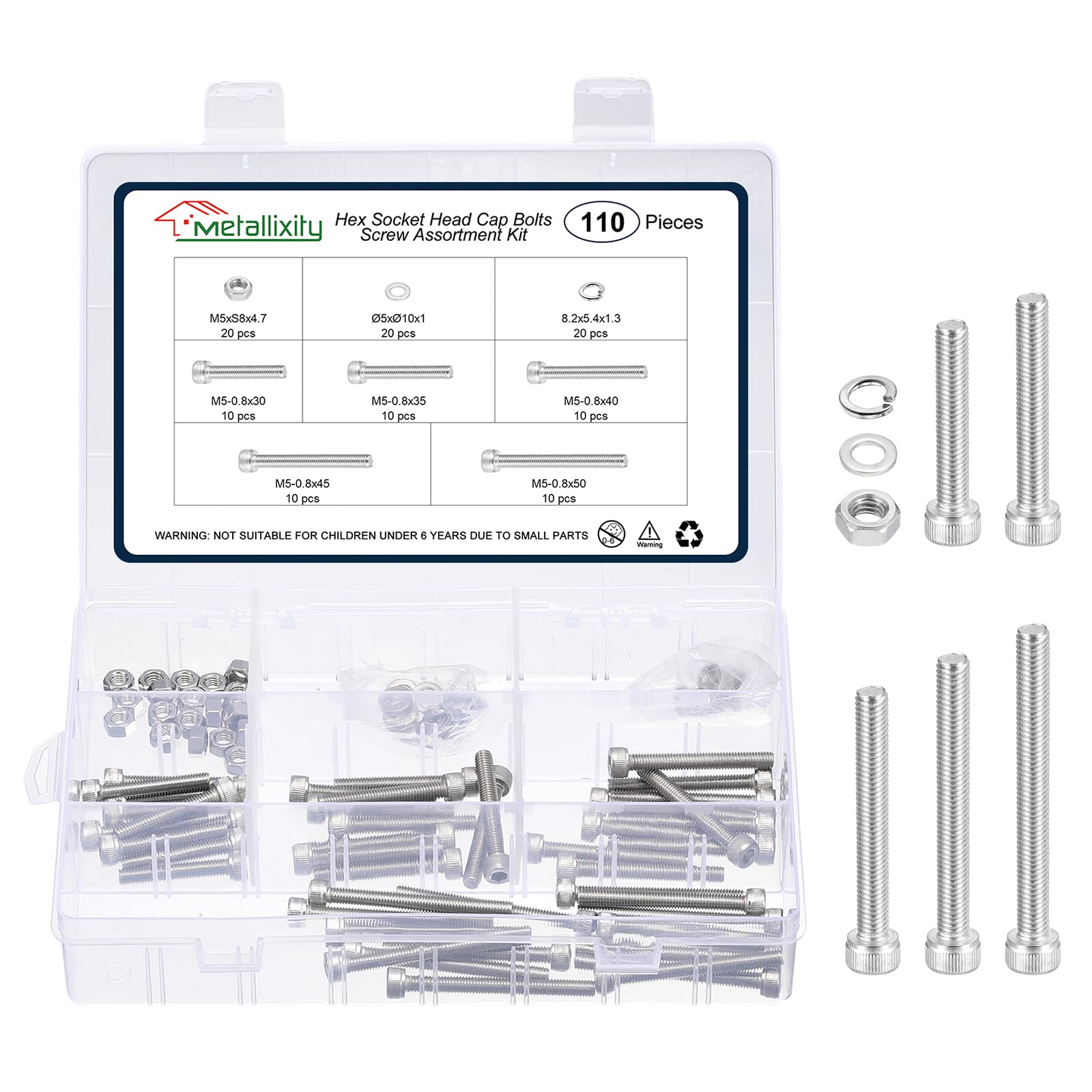 METALLIXITY Socket Head Cap Screws Kit (M5x30/35/40/45/50) 110Pcs, Stainless Steel Allen Socket Drive - Machine Internal Hex Screw, Silver โ image 1