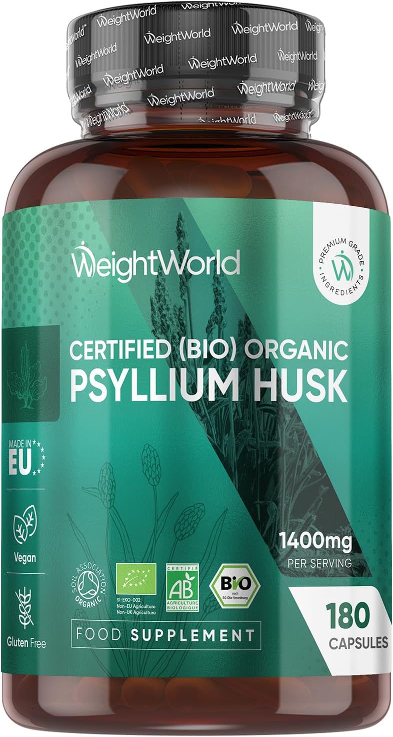 Organic Psyllium Husk 1400mg - Natural Soluble Fibre - Soil Association Certified - 180 Capsules - 3 Months Supply - Gluten-Free & Vegan Psyllium Husk Powder Capsules - Prebiotic Supplement