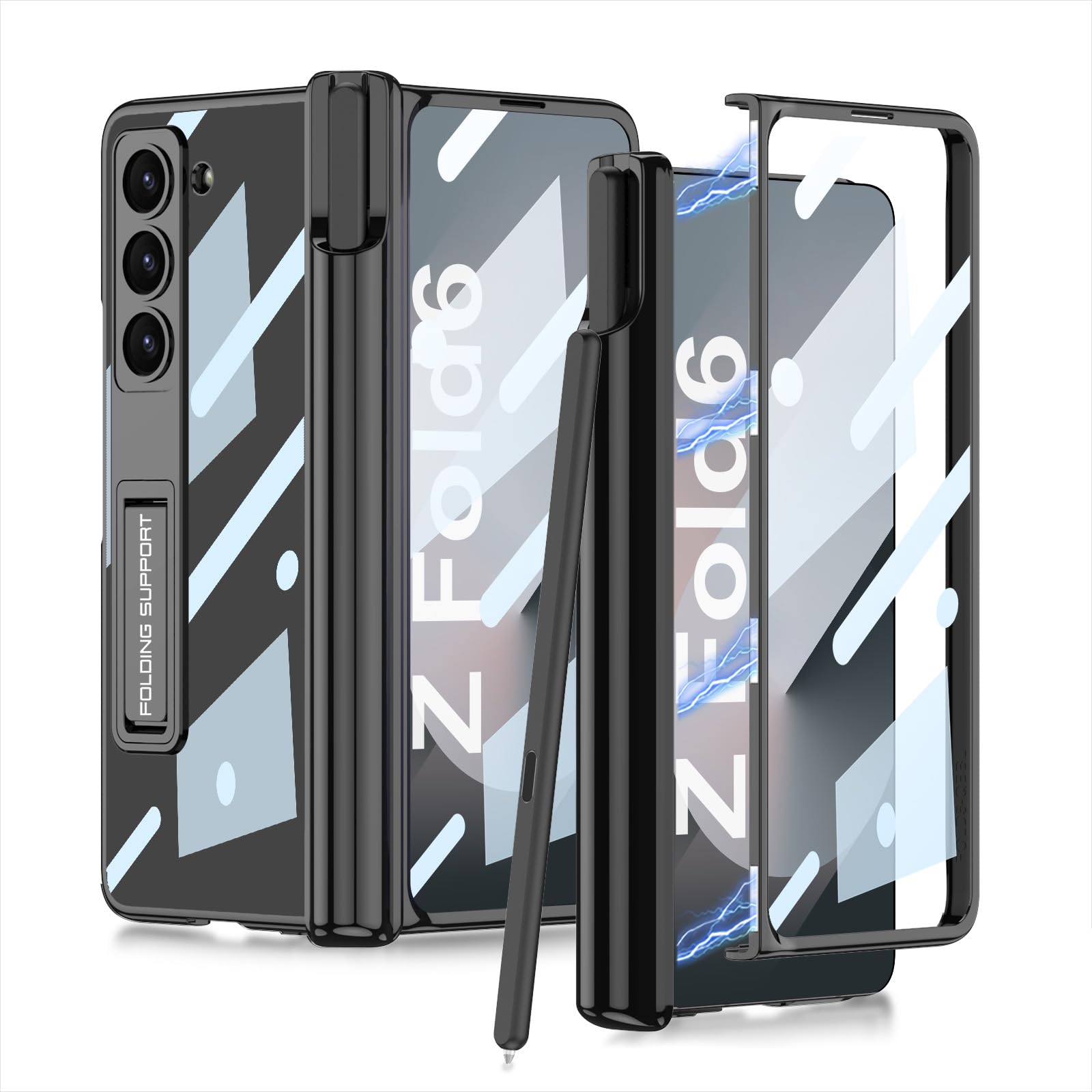Furwabo Clear Case for Samsung Galaxy Z Fold 6 with Magnetic Hinge Protection and S Pen Holder, Transparent Plating Shockproof Cover with Adjustable
