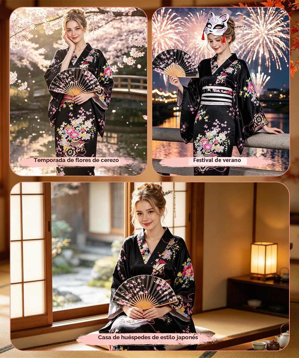 Geisha Yukata Japonés, Robe Kimono Mujer con Horquilla, Abanico Plegable y Bolsa, Albornoz Tradicional Japonés para Cosplay y Carnaval