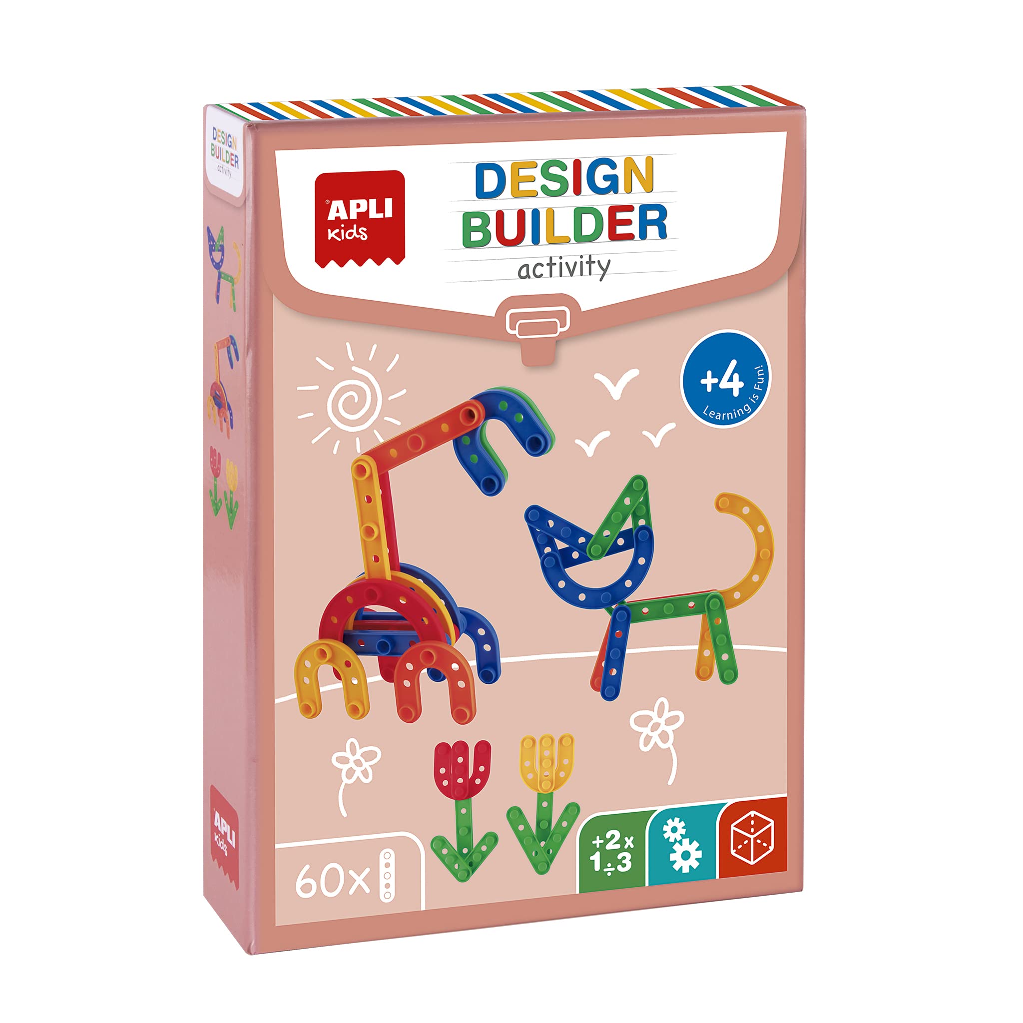 APLI Kids 19162 - Juego de construcción Design Builder - 60 piezas para construir vehículos, animales y personajes - Incluye 8 fichas con ejemplos