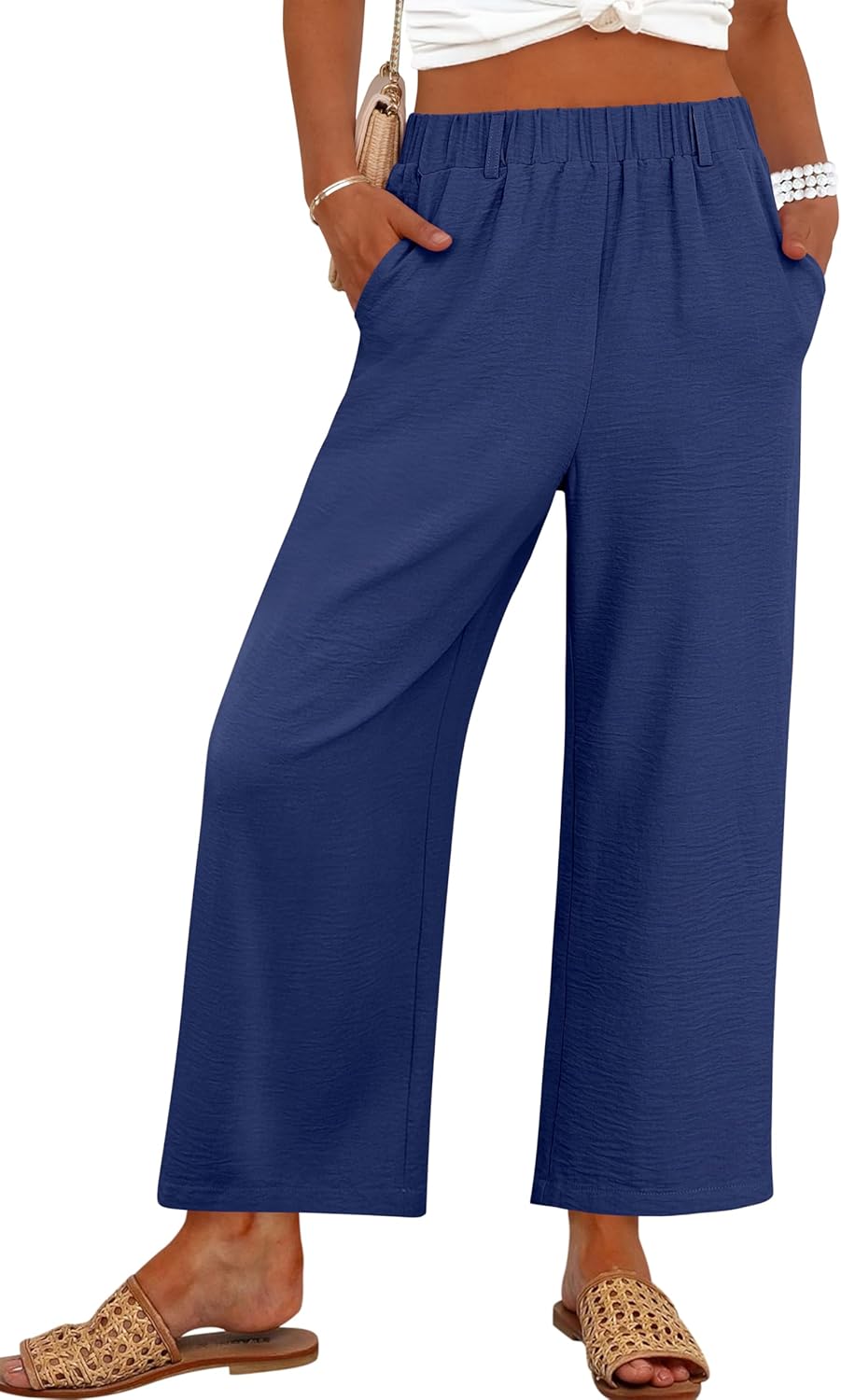 ANRABESS Womens Wide Leg Pants Summer Lounge Elastic Waist Palazzo Pants Lightweight Beach Vacation Trousers with Pockets