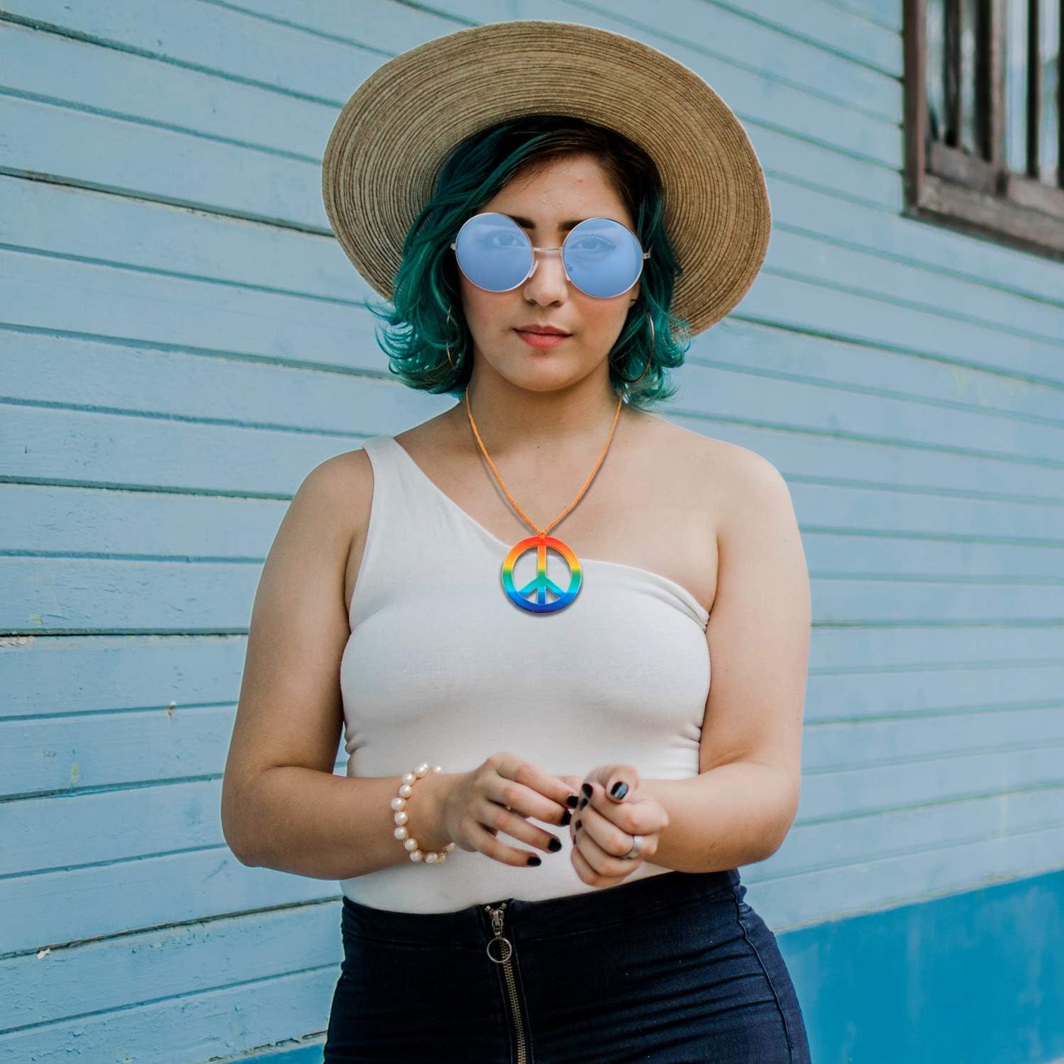 12 Pcs Hippie Costume Accessory Set 60s 70s 4 Pairs Hippie Sunglasses 4 Pcs Daisy Headband 4 Pcs Peace Sign Necklace - Image 7