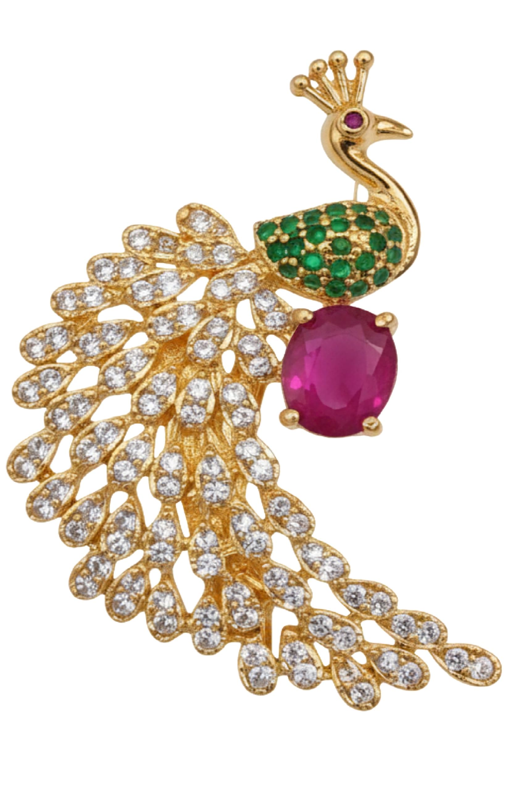 Royal Peacock Gold-Plated Saree Pin/Brooch for Women with Oval Ruby Red and Emerald Green Stones-image-41
