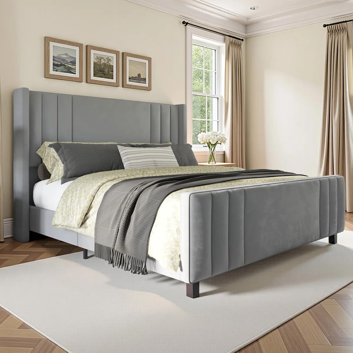 Upholstered Bed King Size Without Storage | Premium Fabric Double Bed with Padded Wingback Headboard, Modern Vertical Tufting & Solid Wooden Frame for Bedroom-image-9
