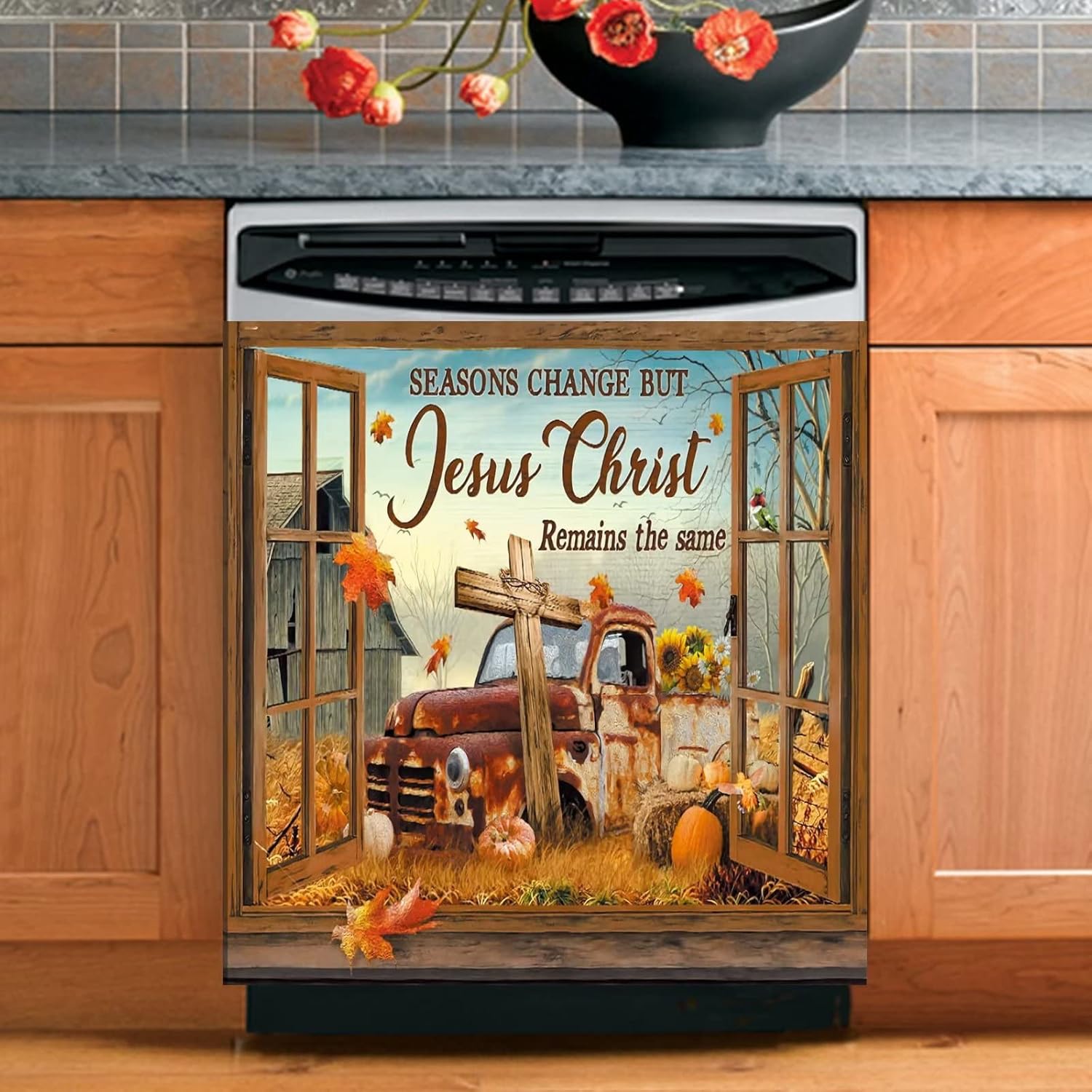 Photo 1 of  Farmhouse Pumpkin Decoration Magnet Dishwasher Decal,Fall Harvest Dishwasher Cover for Front,Cross Fridge Magnetic Refrigerator Magnets Sticker Thanksgiving Appliance Panel Cover 23"x26" 