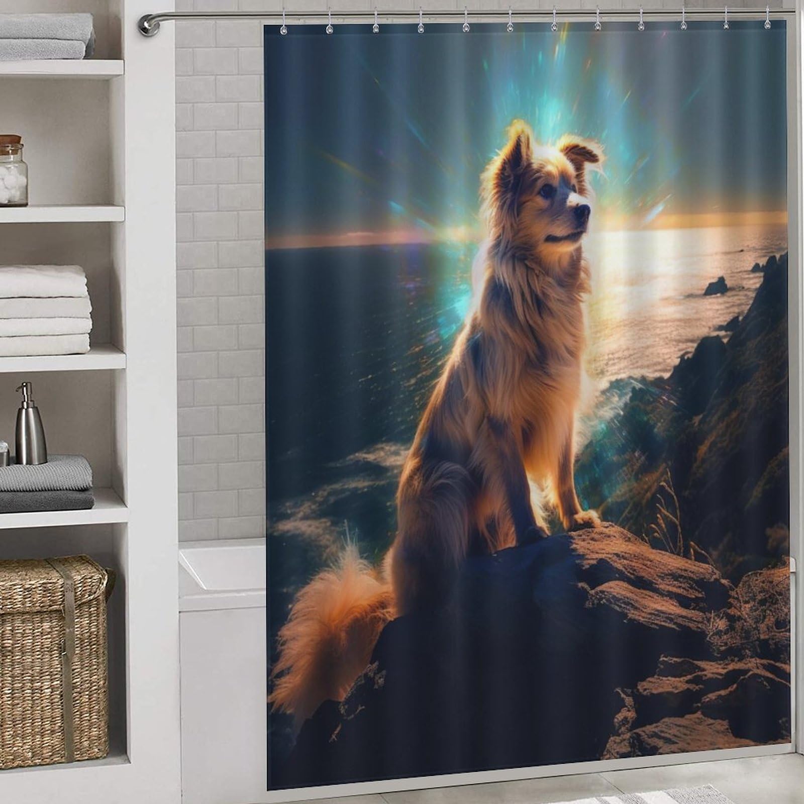 Rideau de douche chien mignon en polyester lavable et imperméable de 168x183cm pour baignoire