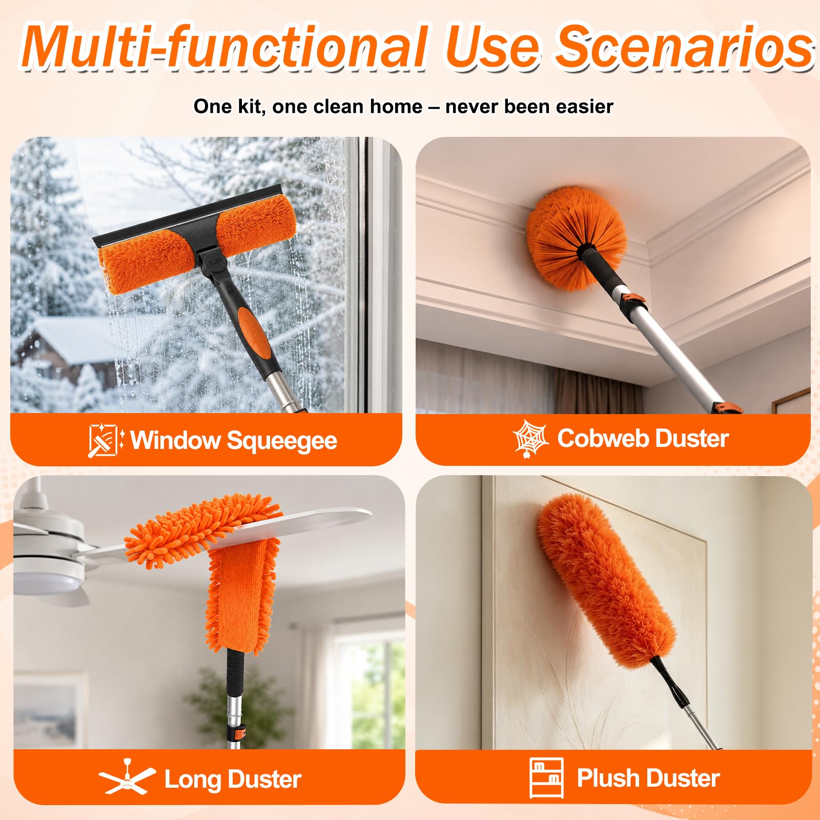 SISUPASSIE Kit per spolverare alto soffitto 9,1 m, kit per la pulizia delle finestre con asta di estensione da 2,8 a 9,5 m, spolverino per ventilatori a soffitto, piumino in microfibra, lavavetri