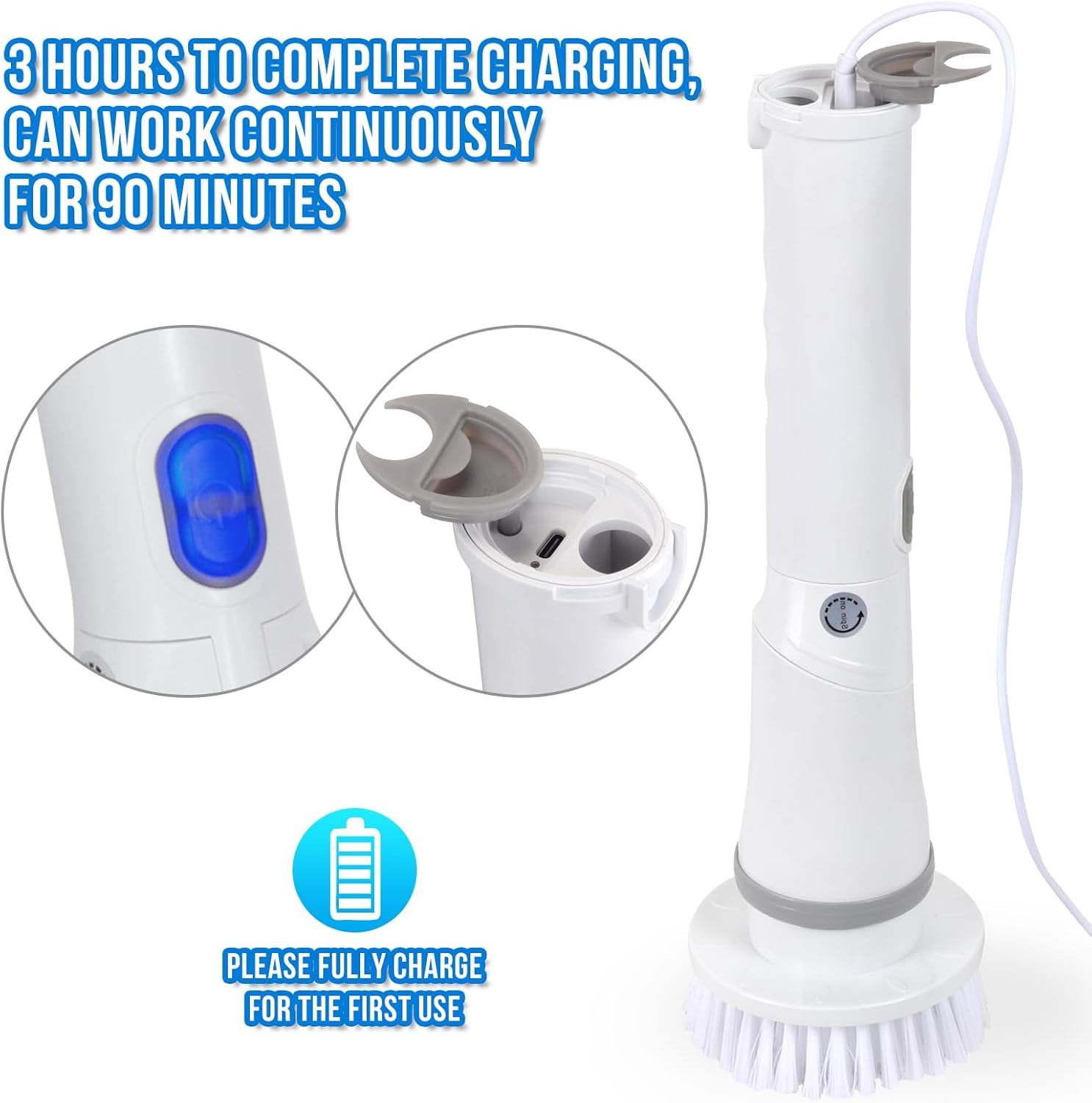 Electric Spin Scrubber, Cordless Cleaning Brush with 6 Replaceable Brush Heads, Adjustable Extension Handle, Power Cleaning Brush for Bathroom, Kitchen, Car, Tile, Wall, Tub and Floor (White)