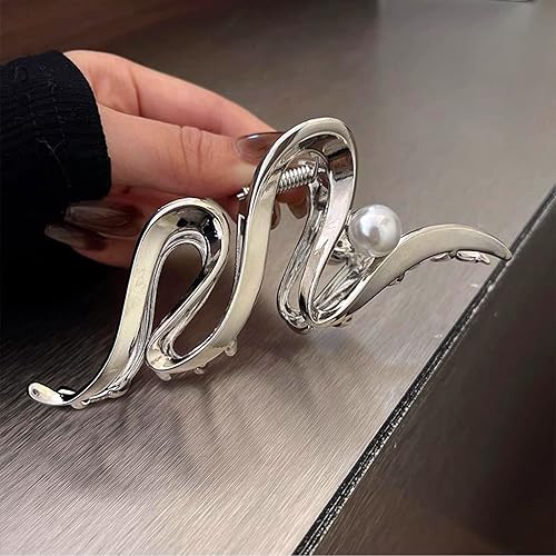 Miniatura 2 de Pinzas de pelo de cinta plateada de metal con perlas, accesorios para el cabello para mujeres y niñas, elegantes pinzas para el cabello ondulado