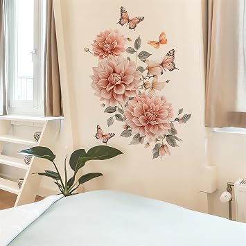 Light Pink Dahlia Butterfly Wall Stickers Floral Wall Art Decals
