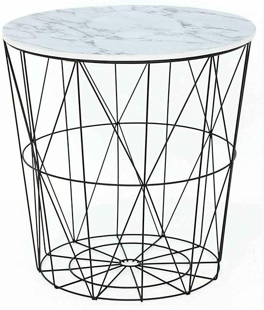 Retro Black Metal Wire White Marble Top Storage Side Table Basket Home Furniture UK (White Marble Top)