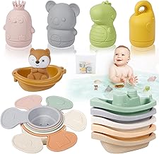 Baby Bath Toy 17 Pieces - 4 Silicone Bath Toys, 6 Stacking Cups, 5 Boats, 1 Boat with Fox & Net 37 x 47 cm - Baby Bath Toy for Bath & Shower