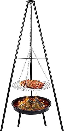 Fogata de campamento portátil, trípode colgante de altura ajustable al aire libre con red de barbacoa de acero inoxidable y parrillas de carbón,