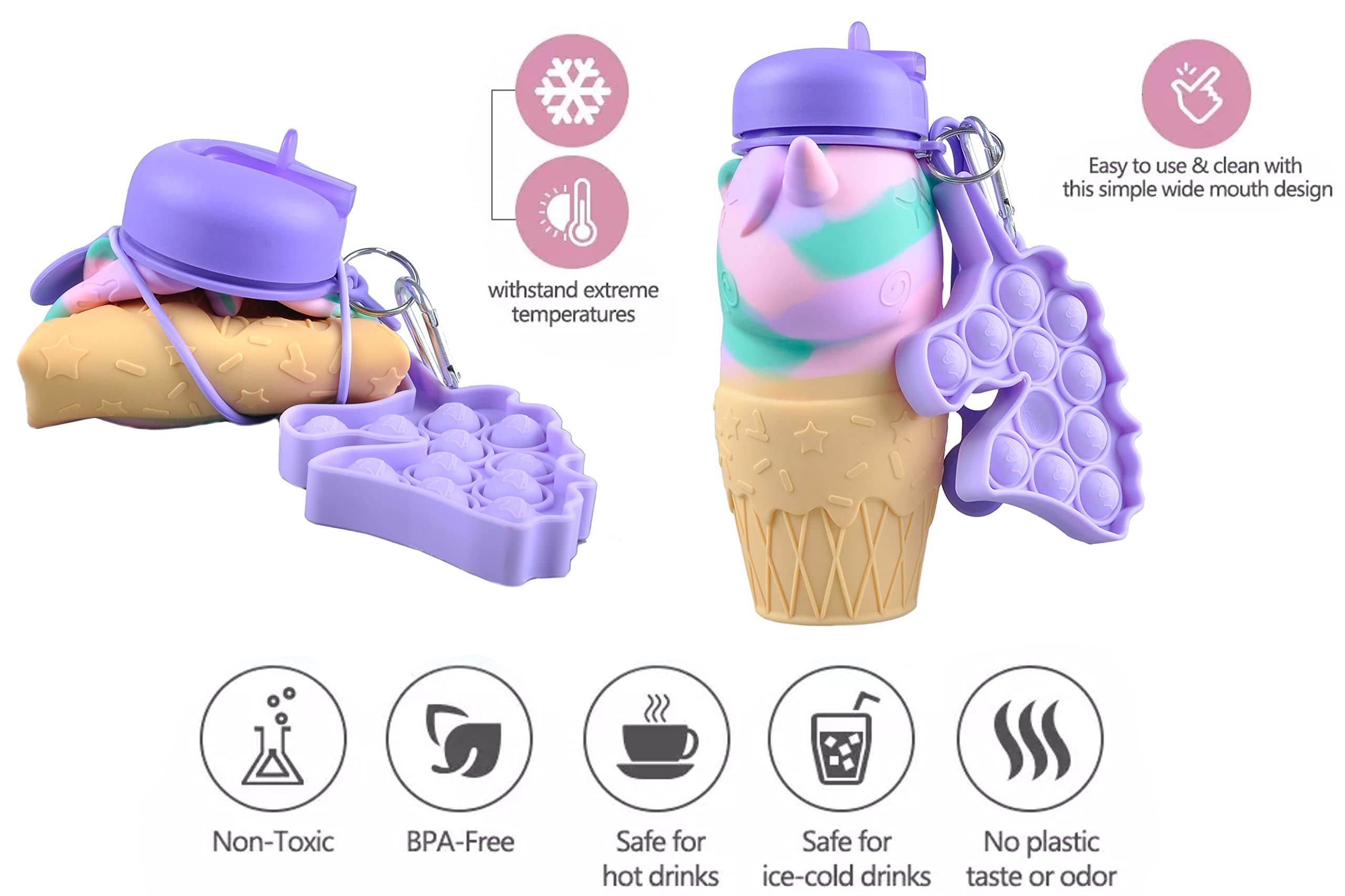 CARESWAY Borraccia per bambini con portachiavi, 500 ml, con unicorno, pieghevole, pieghevole, senza BPA, per bambini, per la scuola (unicorno