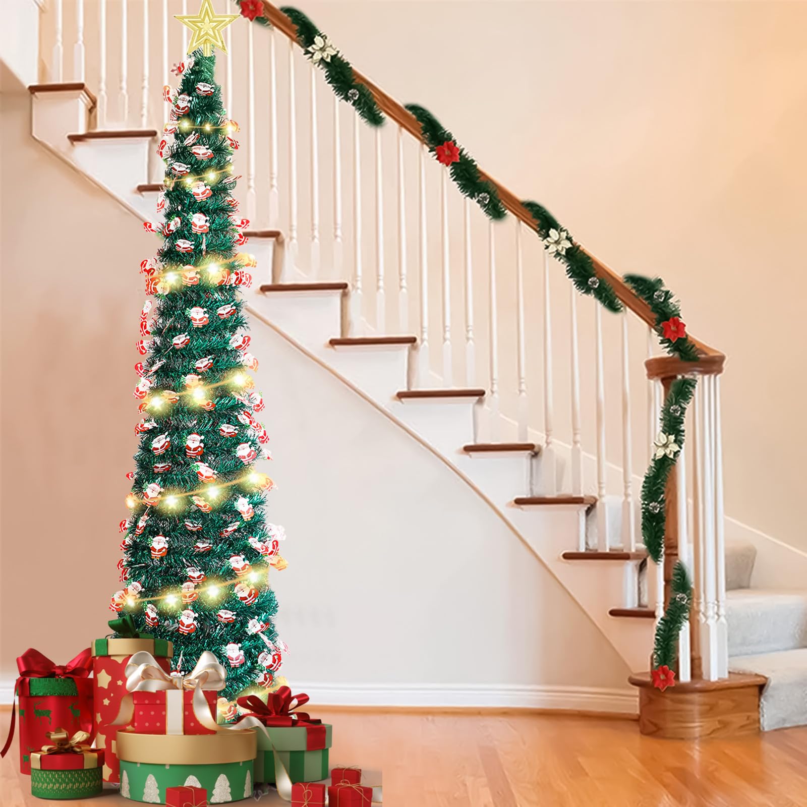 Árbol de Navidad con Luces, 152 cm Arbol de Navidad Plegable Arvore de Natal con Luz Arbols de Navidads Artificial con Soporte, Estrella Superior y 5 m de Luces de Hadas, Decoración Navideña (01)