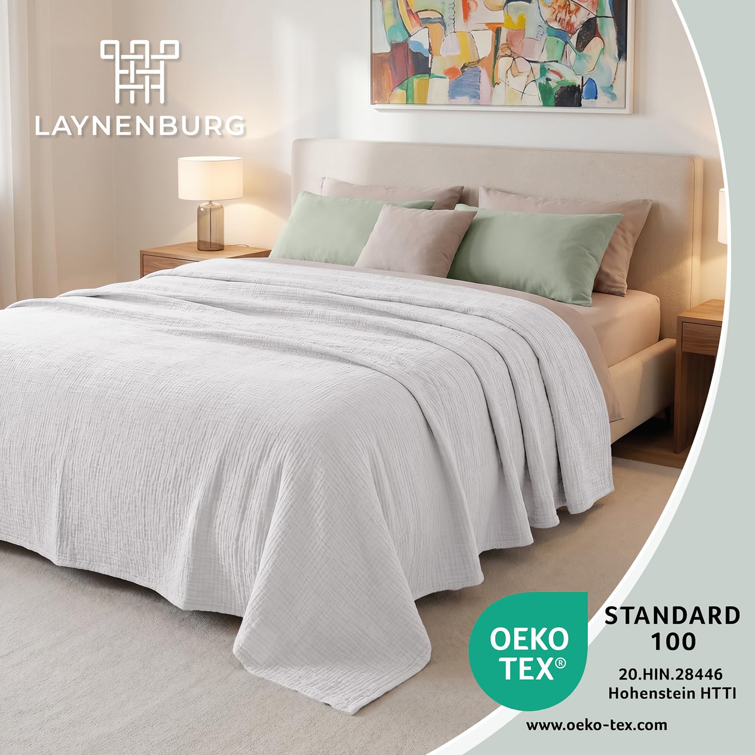 LAYNENBURG Colcha de Muselina Premium 220 x 240 cm - 100% algodón - Manta de algodón Extra Suave como Manta acogedora, Manta de Cama, Manta de sofá, Manta de sofá (Blanco)