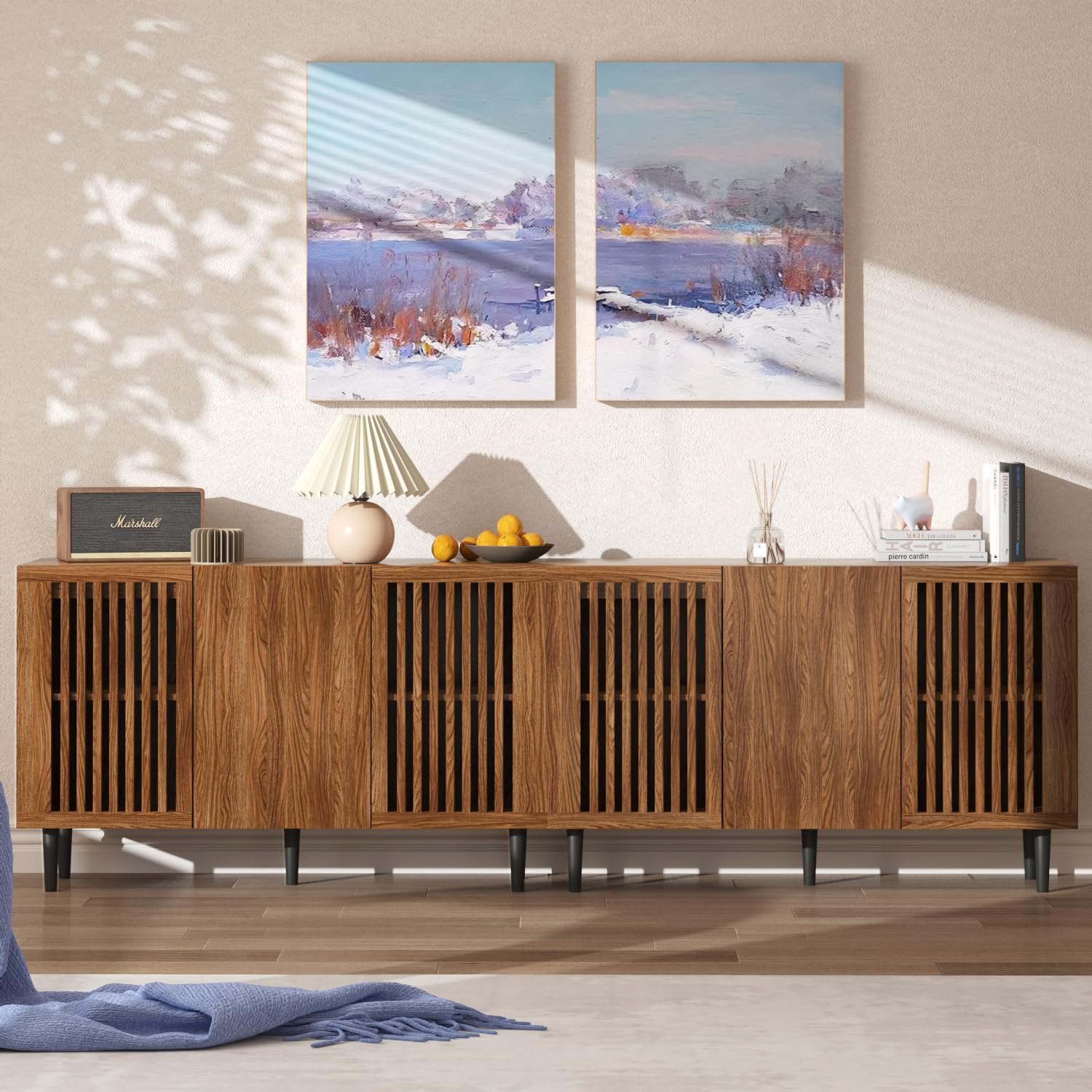 Storage Cabinet, 94.4" Freestanding Buffet Cabinet with 6 DIY Doors and Adjustable Shelf,Modern Sideboard Coffee Bar with Solid Wood Feet,TV Standfor Living Room,Dining Room,Kitchen,Walnut,Set of 2