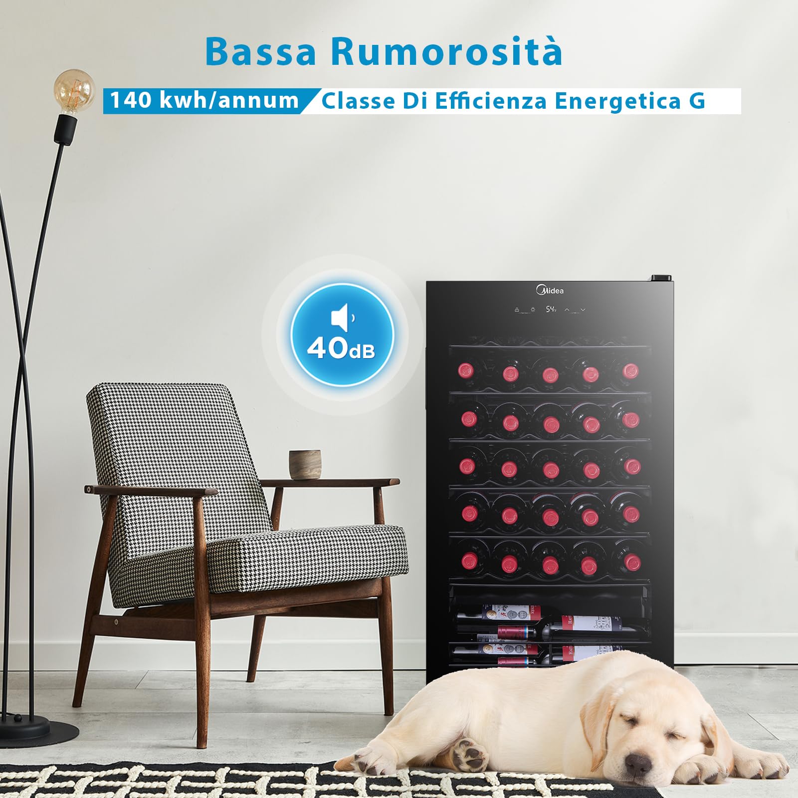 Midea Cantinetta Vino MDRW150FGG22, 34 Bottiglie, 1 Zona 5℃-18℃, Display Touch, Silenziosa 40 dB, Vetro Anti-UV, LED 3D, Installazione Libera, 47x44x84.5 cm, Nero