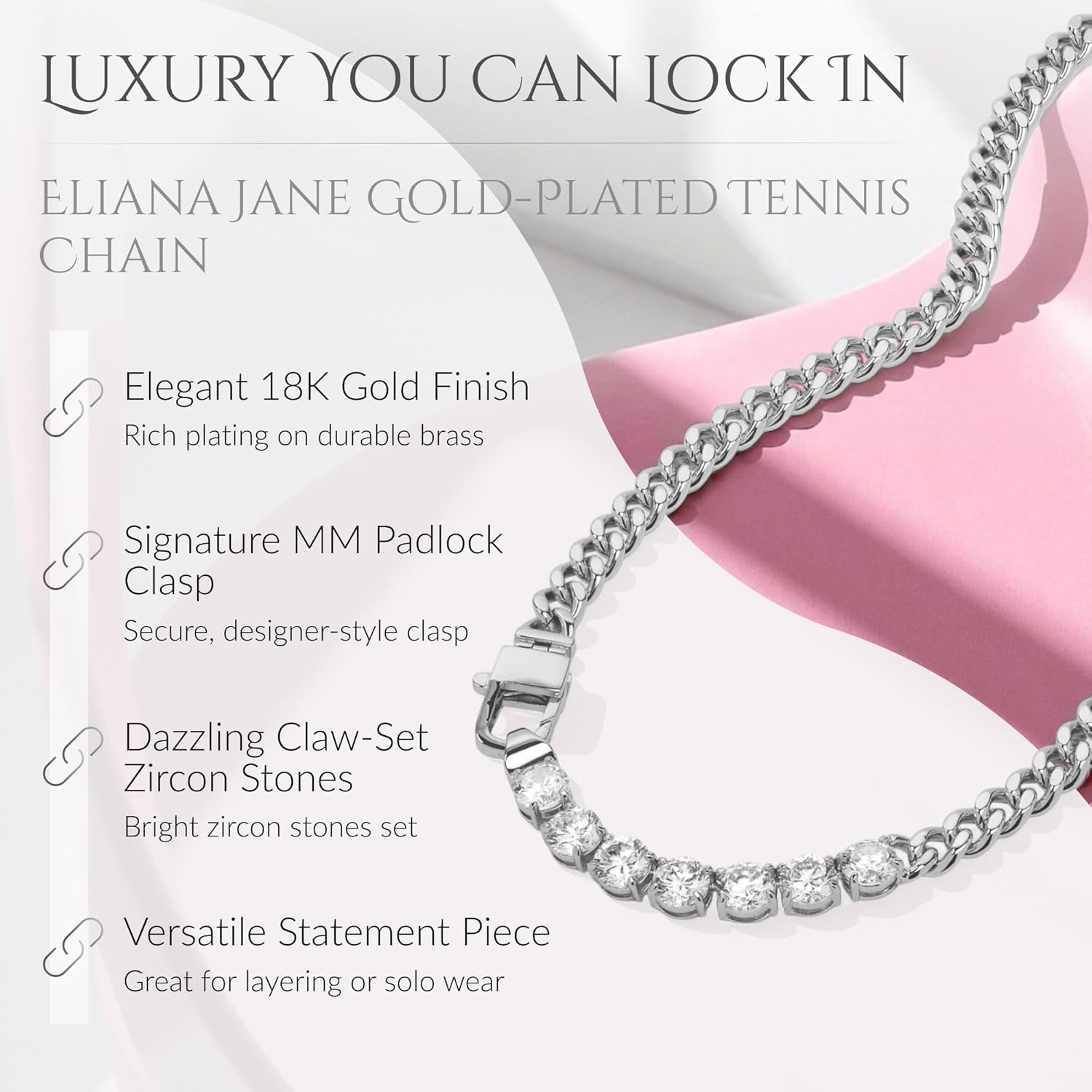 Whispering Meadows Eliana Jane Collection – 18K Gold Plated Tennis Necklace for Women, Waterproof Non-Tarnish Zircon Chain with Signature MM Padlock Clasp, Adjustable Luxury Jewelry Gift