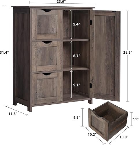 Miniatura 3 de Iwell Armario de almacenamiento de suelo con 1 puerta y 3 cajones grandes armario de almacenamiento de madera con estante ajustable para sala de