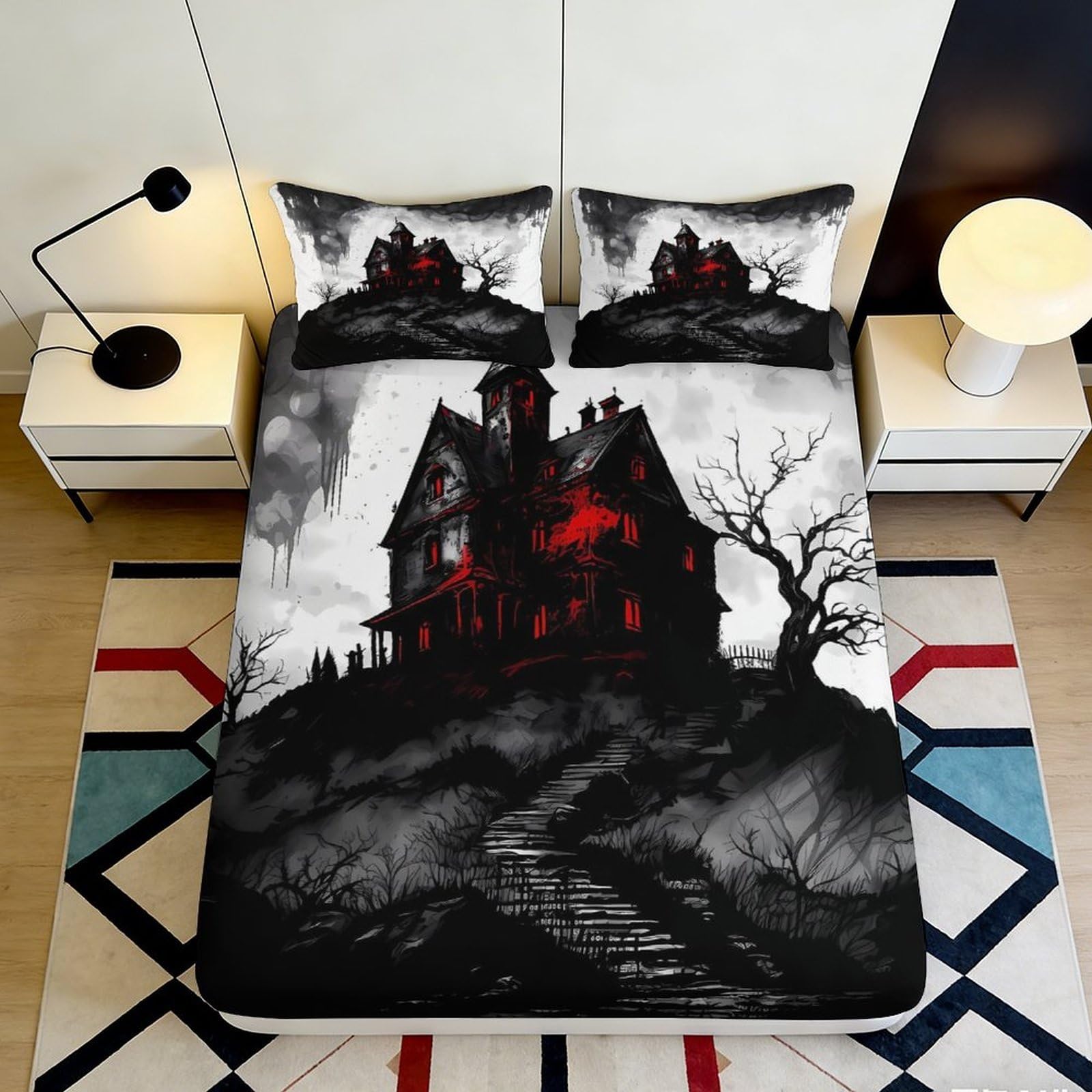 3D Printed Haunted House Fitted Sheet Microfiber Soft Halloween Gothic Bed Cover for Bedroom Guest Room Decor 90x200x25cm