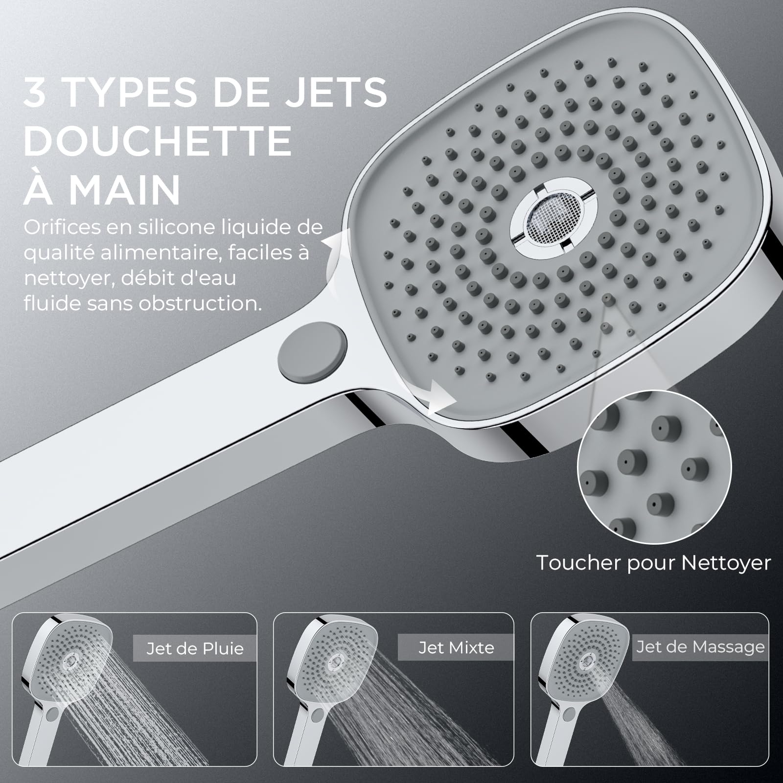 FORIOUS Colonne de douche avec mitigeur thermostatique, tige de douche réglable en acier inoxydable avec pomme de douche carrée de 25 cm et douche à main avec 3 types de jets