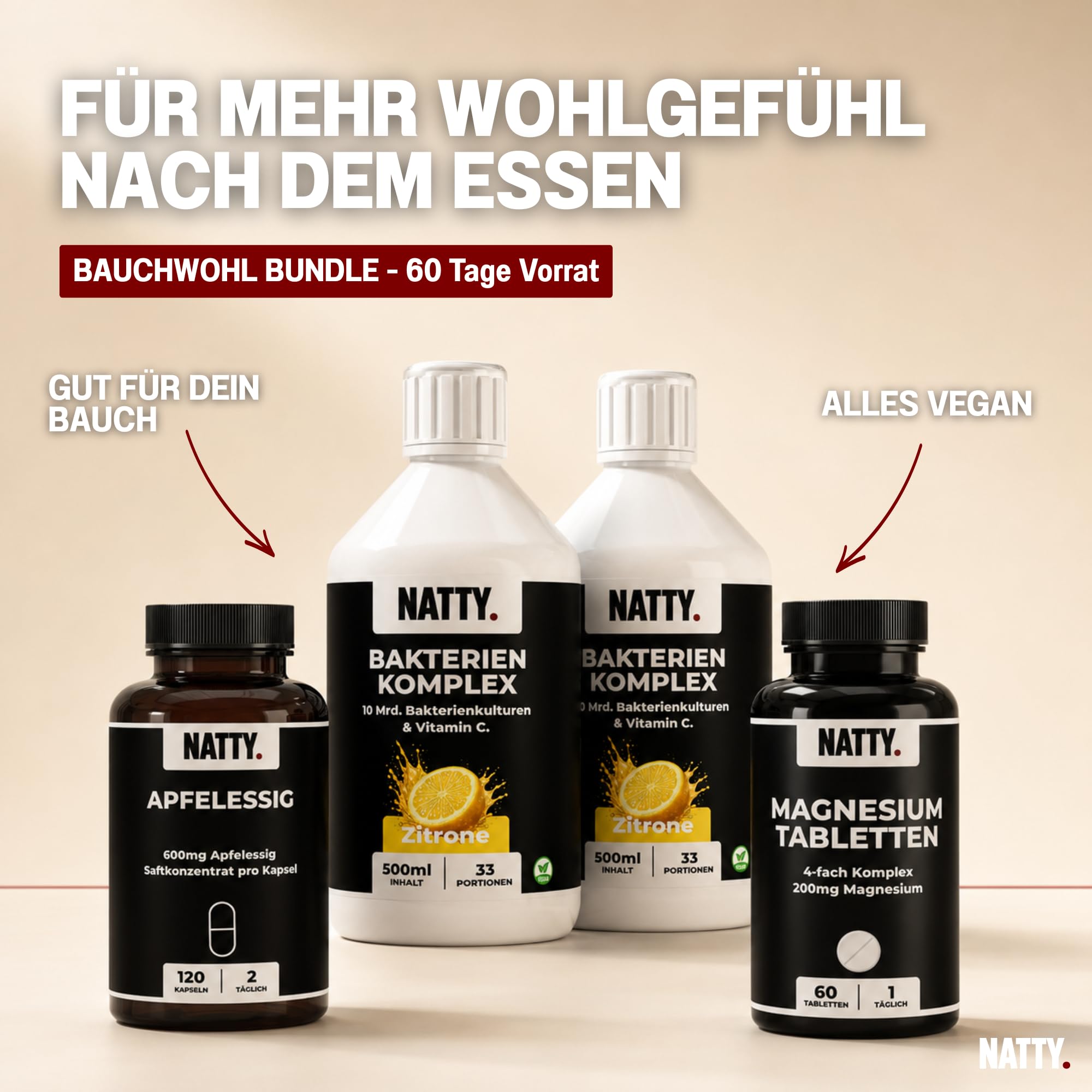 NATTY Bauchwohl Bundle 60 Tage – Bakterienkulturen Komplex mit 10 Mrd. KBE, Apfelessig Kapseln & Magnesium 4-fach Komplex – veganes Nahrungsergänzungs-Set, 4-teilig
