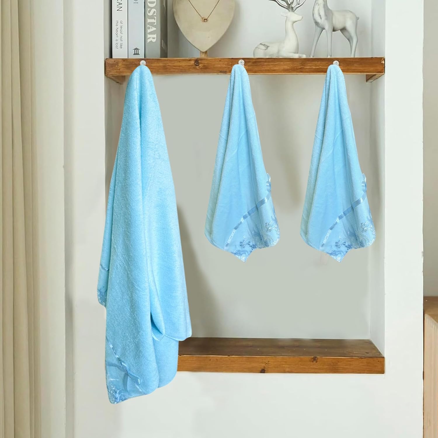 Lace Bath Towels, Blue Velvet Soft & Durable Towels Set Bath Towels and Hand Towels Set for Daily Use Bathroom Shower (1 Bath Towel+2 Hand Towels) - Image 5