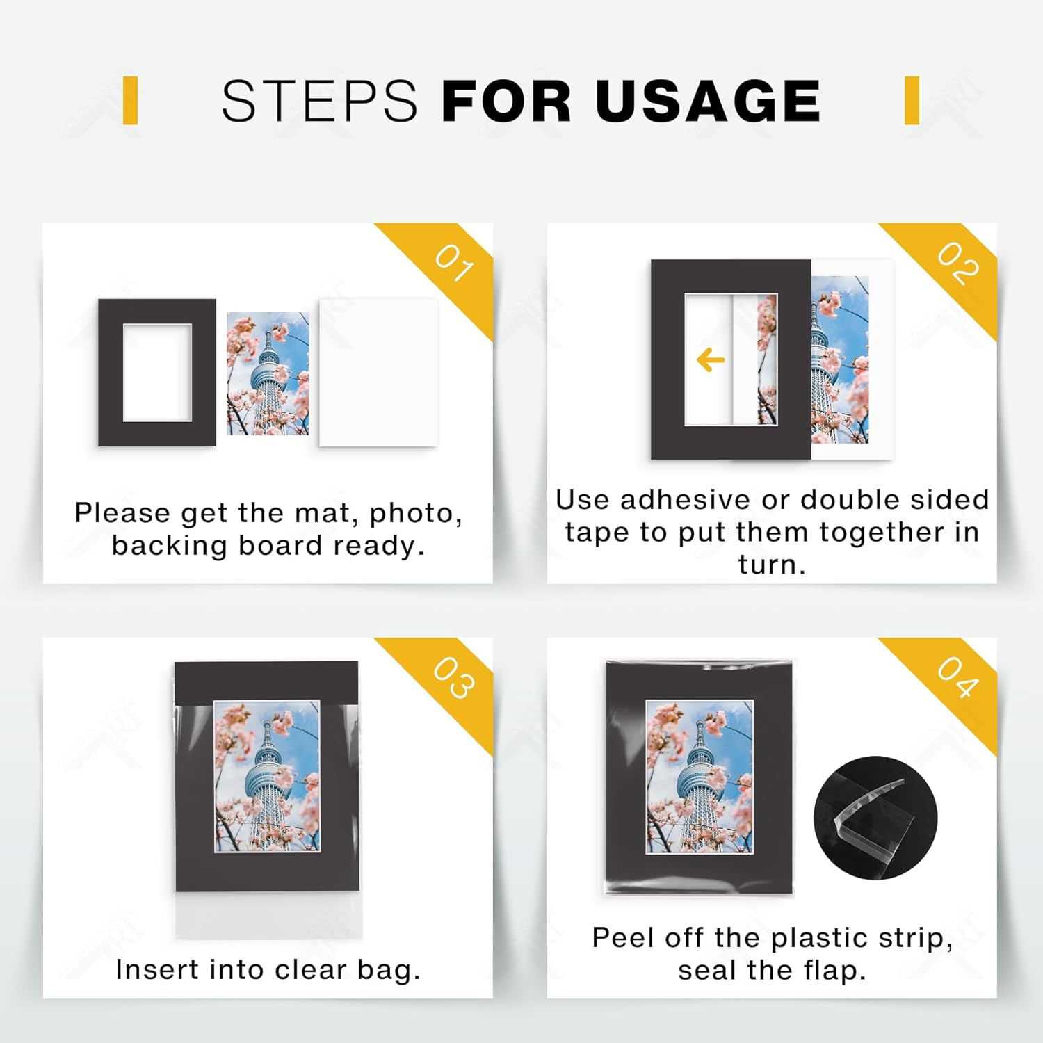 Golden State Art, Pack of 25, Pre-Cut 8x10 Black Picture Mat Kit for 5x7 Photo, 25 White Core Bevel Cut Mattes, 25 Backing Boards and 10 Clear Bags