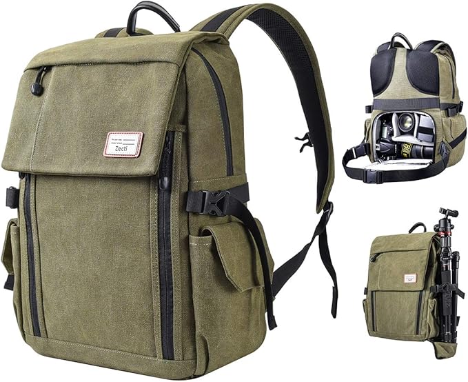 Zecti Camera Backpack Waterproof Canvas Camera Bag for 1 DSLR 4xLens