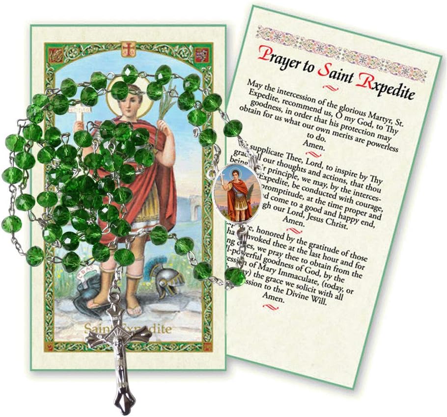 Saint Expedite San Expedito Patron for Urgent Matters Seafoam Green Cristal Round Beads Rosary with Silver Plated Crucifix and Medal Bezel Centerpiece with Color Image includes a Prayer Card