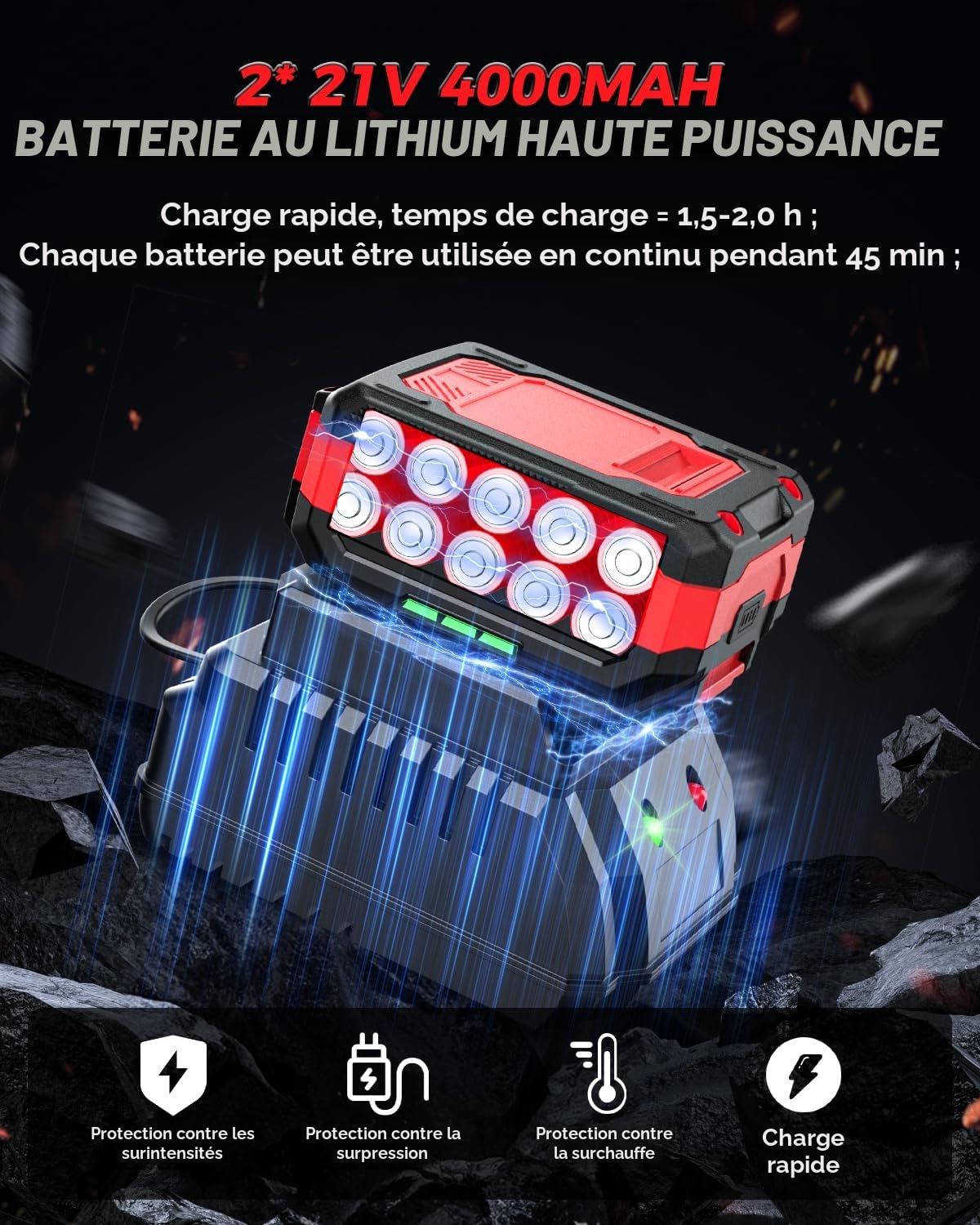 XIAZIR Clé à chocs sans fil 1200 Nm 21V 4.0Ah 3 vitesses LED avec 5 douilles rallonge mallette