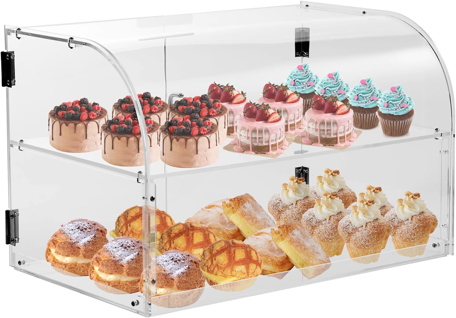 Pastry Display Case, 2-Tier Commercial Countertop Bakery Display Case, Acrylic Display Box with Rear Door Access & Removable Shelves, Keep Fresh for Donut Bagels Cake Cookie,